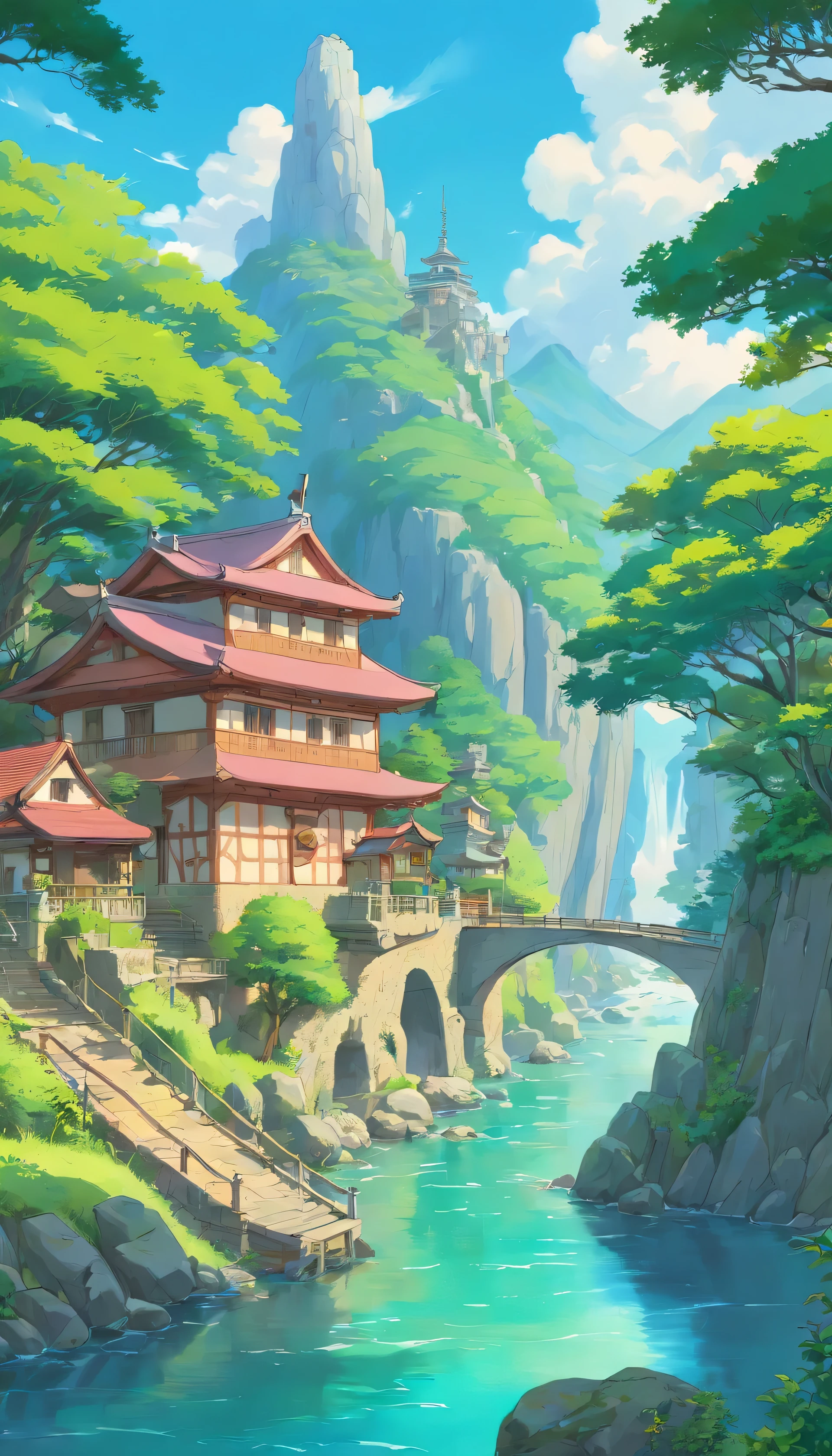 Peaceful place and watera aside, high resolution, top quality, masterpiece, high quality, hd , uhd , vibrant colours,