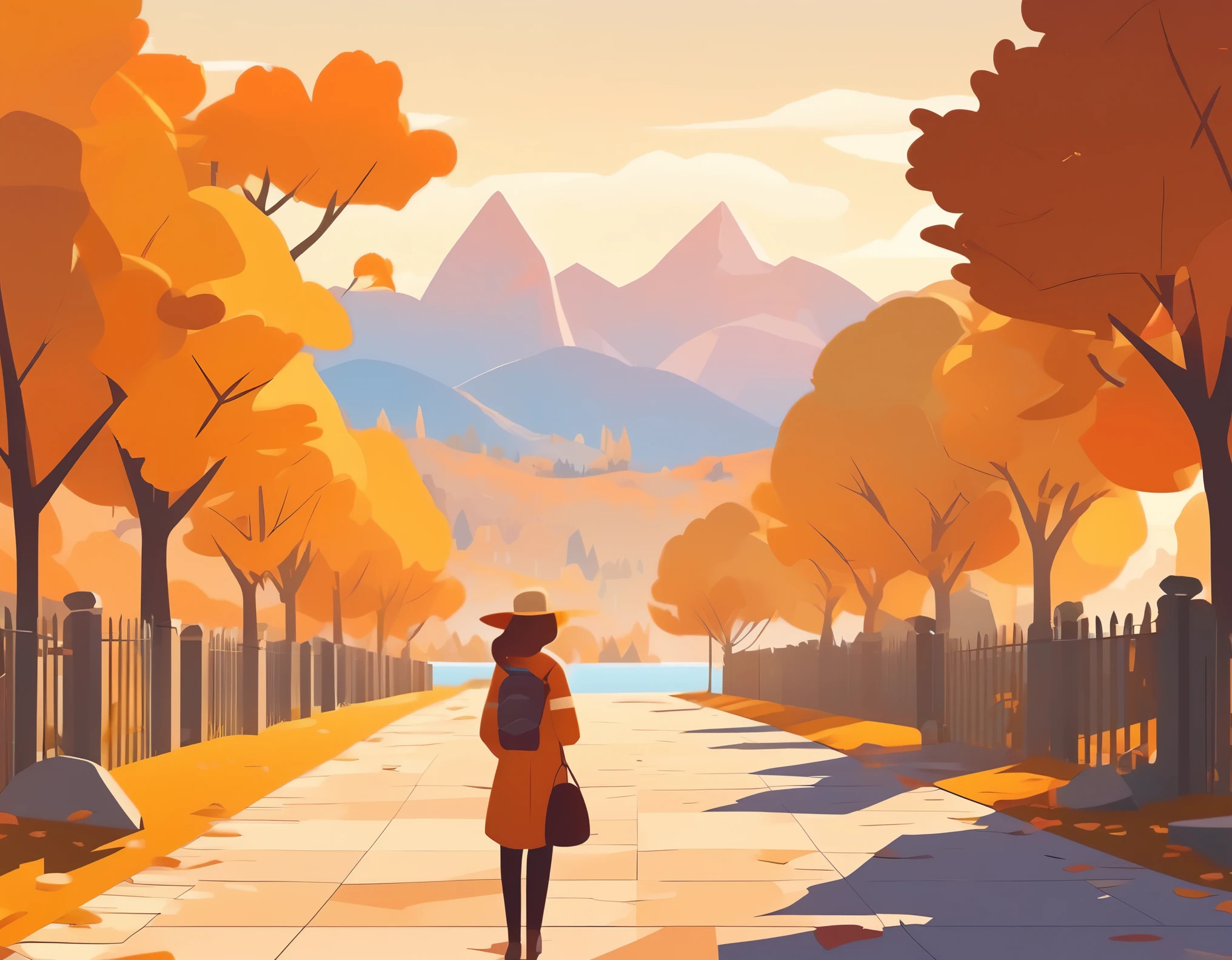 Girl tourist looks at map on pavement with fence and orange trees. Vector cartoon illustration of young woman traveler on background of autumn landscape with mountains, grass and lake , in the style of Clash Royale game,minimalist Journey