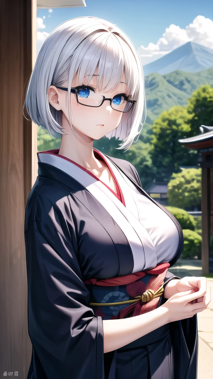 1Lady, short white hair, bangs, blue eyes, glasses, blue kimono, traditional japanese, high res, ultrasharp, 8K, masterpiece, looking at viewer, sunny, Japanese scenery