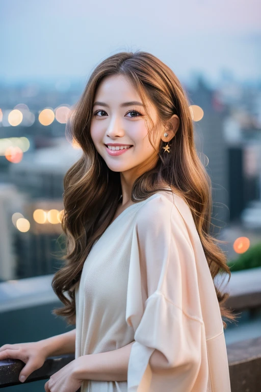 ((highest quality, 8k, masterpiece: 1.3)), 1 female, Japanese Idols,Sensual beauty: 1.3, (Hair style Brown hair Long waves, big: 1.2), Loose nightwear: 1.1, Super slender face, Delicate eyes, double eyelid, Dimples,Mole, Home,relax,smile,Plump body,Urban Background