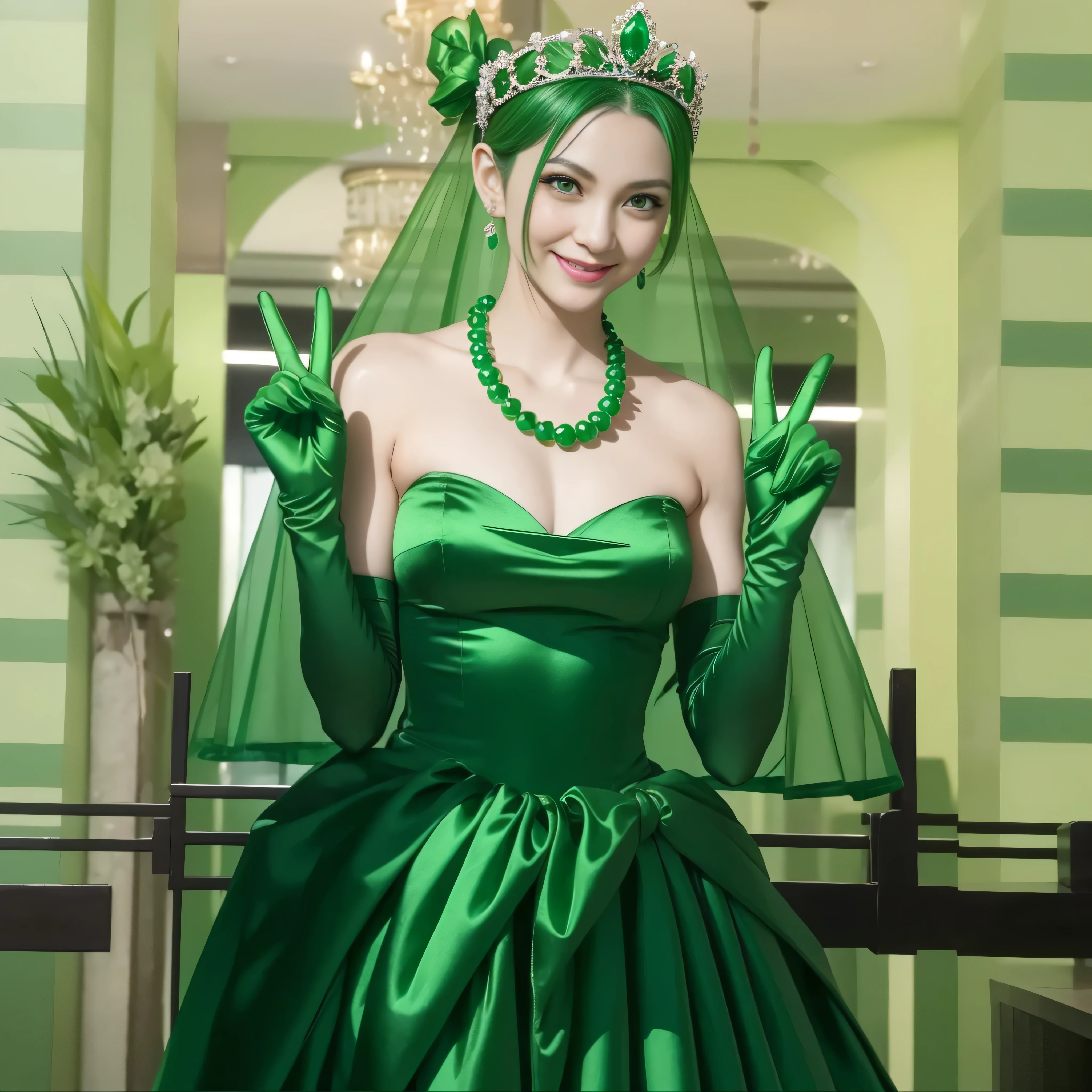Emerald tiara, Green Pearl Necklace, Boyish very short green hair, lipstick, Smiling Japanese woman, Very short hair, Big and beautiful, Green Eyes, Long green satin gloves, Green Eyes, v sign, Emerald Earrings, Green veil