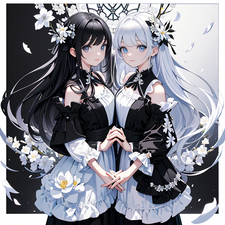 ((masterpiece、highest quality:1.5、High saturation:1.5、Ultra-detailed、High resolution illustrations:1.5、Ultra-high-definition CG、8k size wallpaper、Official Art))、(Two Girls、Twin sisters),(),(Cute Face:1.5)、(Clear Face:1.3),(Shining Eyes:1.5)
 ((Black-only color scheme:1.5)), ((White only color scheme:1.5)),(Sexy Body),(One is black only、The other one is only white),(Princess Dress),(), ((Medium chest))、
,(Light background color、White flower、Optics、The triple structure of black flowers,)、