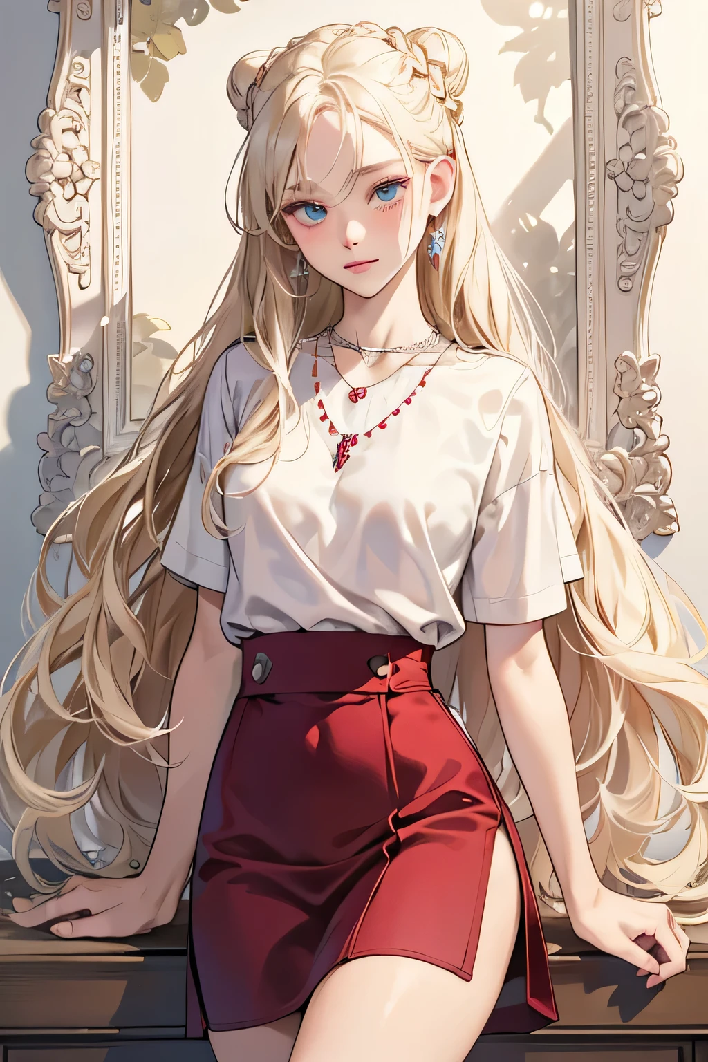 (extreamly delicate and beautiful:1.2), 8K,(masterpiece:1.0),(best_quality:1.0), 1 girl,model and intricate detailing, Enlarged textures, and intricate detailing, finely eye and detailed face, and intricate detailing, shiraga, platinum blonde curls long hair, (closed mouths), Perfect eyes, Equal eyes, carolina eyes (A famale god) with white polo croptee croptop short sleeved shirt and red maroon short skirt, carolina eyes perfect, perfect, earing, hairpin, perfect body, sexy body, carolina blue perfect eyes, lips nude, necklace, little blush on nude, bun braid our hair, look at camera