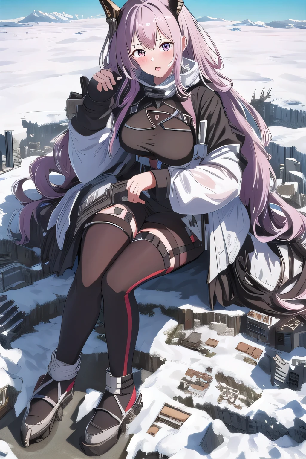 giantess, Only one girl, Woman sitting on the ground, ((Super huge girl bigger than a island)), winter, Snow Mountain, ((destroyed city)), Snow-covered land, No chest leakage, Frozen Antarctica, crash city, tiny city, micro city, big assa, city, ((Sweat)), giga giantess, huge craters, Steam from the body, cracks in the ground, typhon_arknights, anime, first-person view, best quality, masterpiece, highres