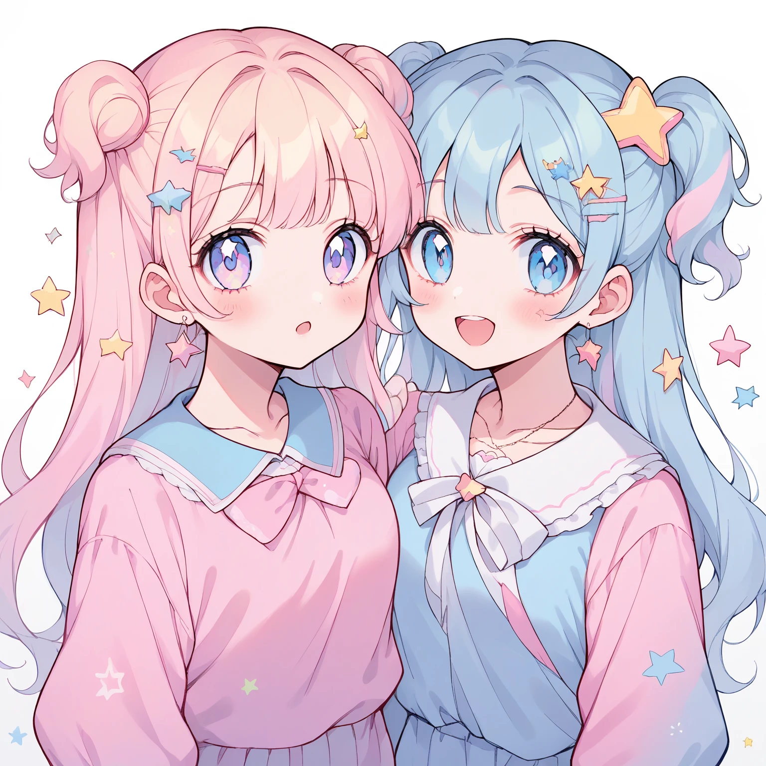 neondskdrmsxl, score_9_climb, score_8_climb, score_7_climb, score_6_climb, 2 girls, alone, pastel colors, open mouth, long hair, star , (mark), star hair accessories, hair accessories, Twintail, look at viewer, blue eyes, pastel neon lighting, source_anime, neon, neon theme , white background Edge distance, beautiful, cute, anime, 2 cute girls
