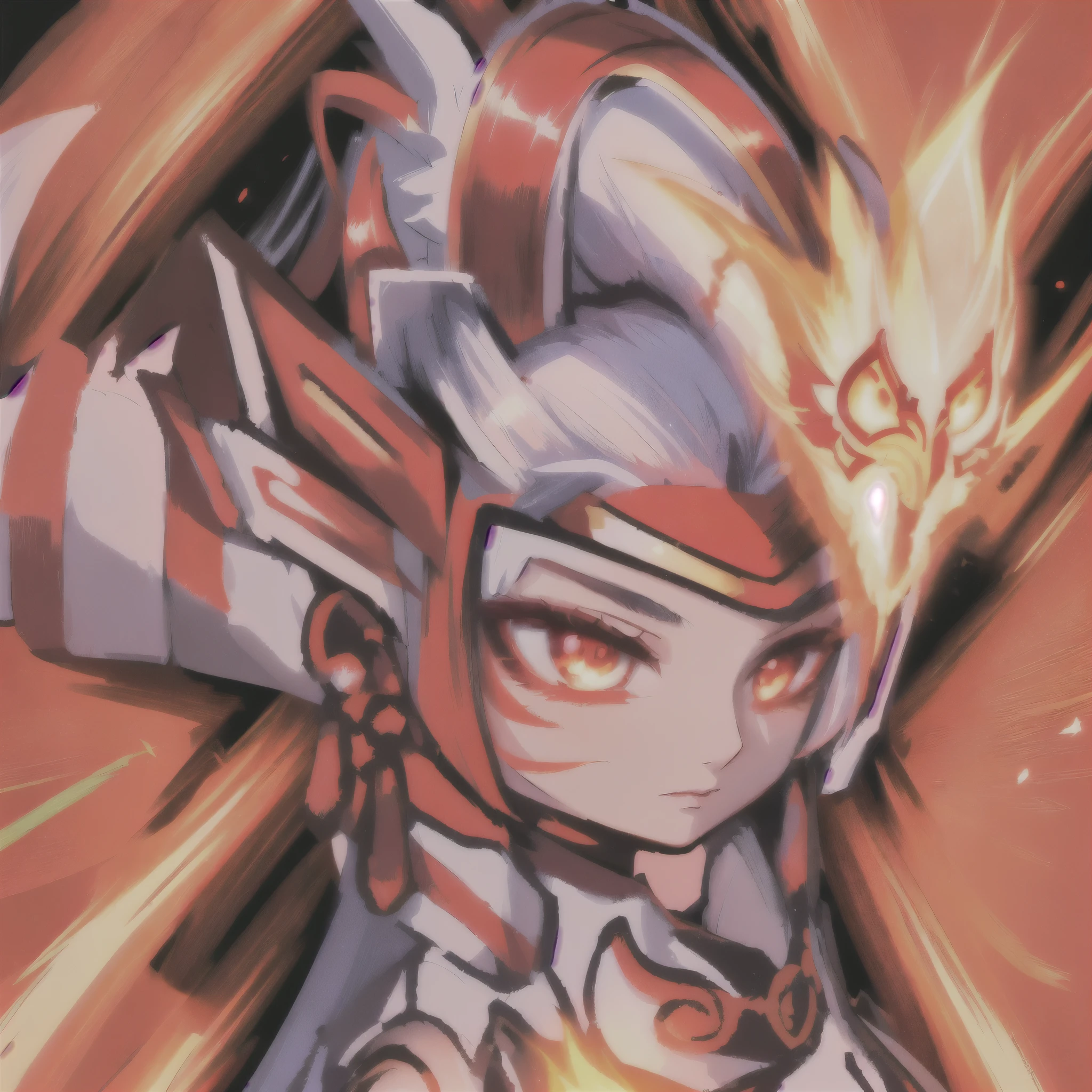 a close up of a cartoon character with a sword and a helmet, phoenix warrior, xianxia hero, chibi, appears as the fire goddess, epic mage girl character, onmyoji portrait, lava and fire goddess, giesha demon, inspired by Pu Hua, avatar image, crimson fire head, armor girl, mystical valkyrie,line sence,4k