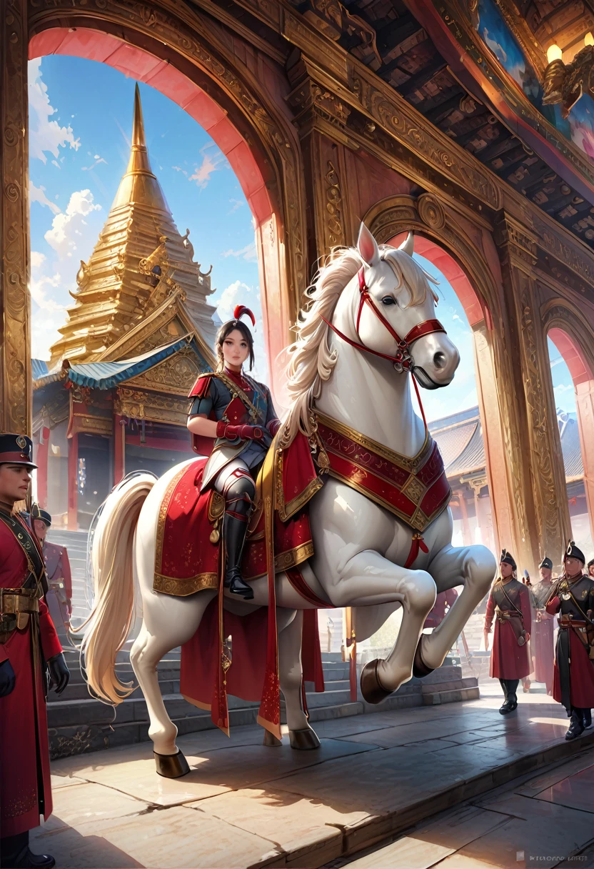 (best quality,4k,8k,highres,masterpiece:1.2),ultra-detailed,(realistic,photorealistic,photo-realistic:1.37),painting,temple,landscapes,Bagan,ancient,temples,traditional costumes,cultural heritage,elegant,breathtaking,serene,peaceful,unforgettable,pastel colors,soft lighting,beautiful detailed eyes,beautiful detailed lips,extremely detailed faces,long eyelashes,historical setting,horse-drawn carriages,royal procession,imposing palace,grand architecture,ornate decorations,illustrious king,guard of honor,knight regiment,soldiers on horses,army camp,majestic white elephants,parade,military formation,bustling crowd,royal court,dignified attire