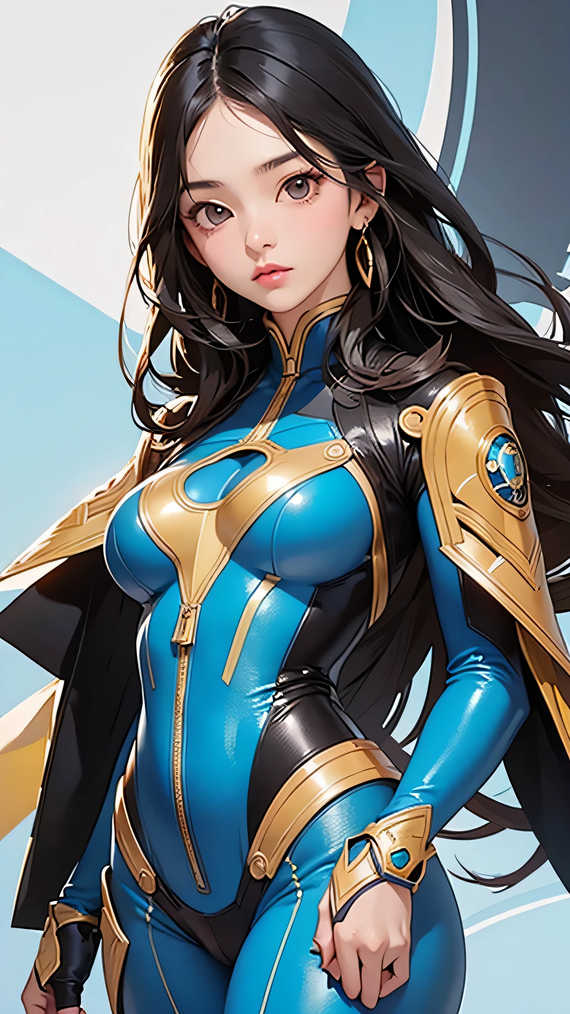 highest quality、Realistic、female、Japanese、zoom、cute、Brown eyes、Black Hair、long hair、Light Blue Hero Suit、Gold accents on suits、Shiny bodysuit、