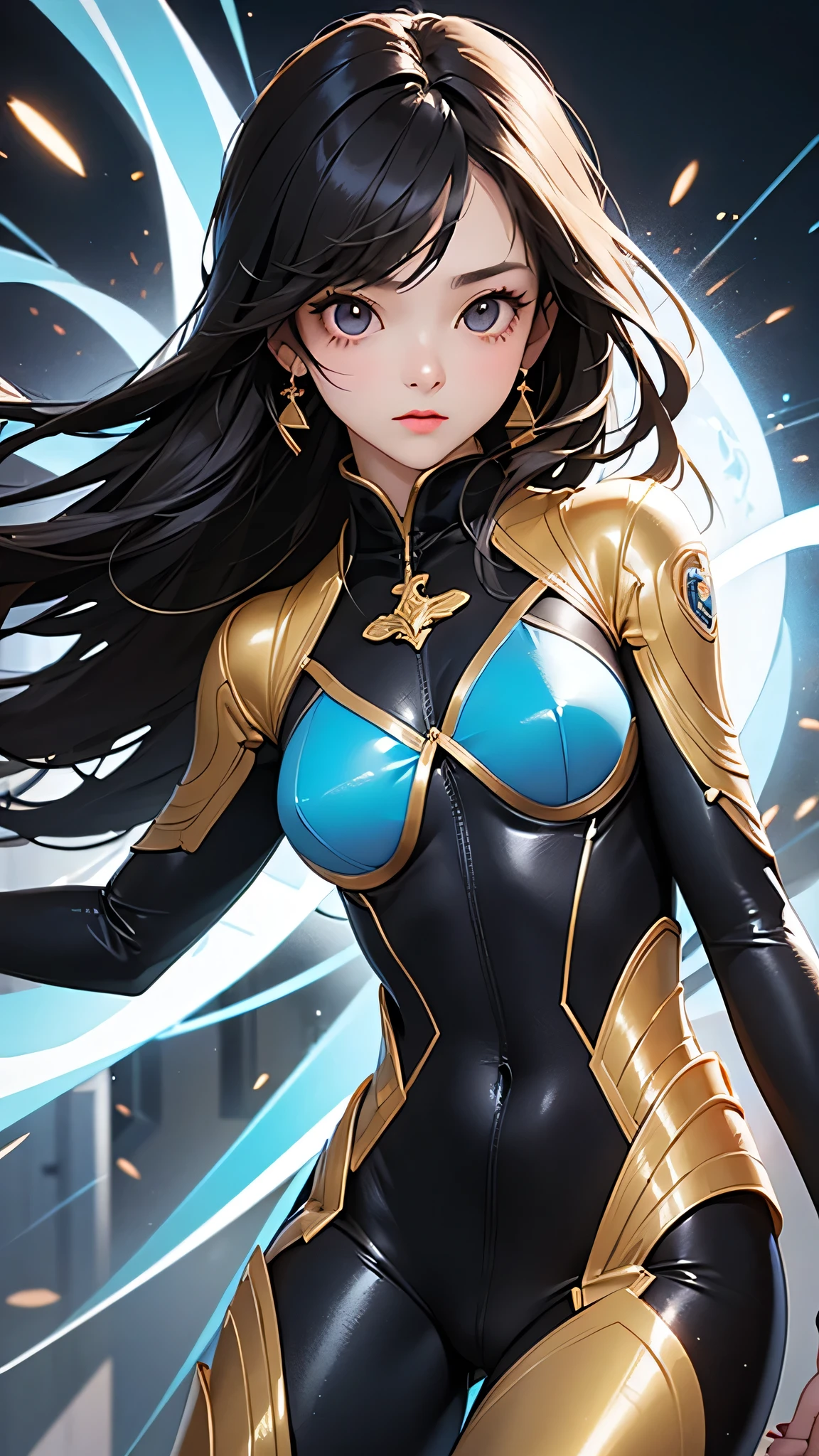 highest quality、Realistic、female、Japanese、zoom、cute、Brown eyes、Black Hair、long hair、Light Blue Hero Suit、Gold accents on suits、Shiny bodysuit、