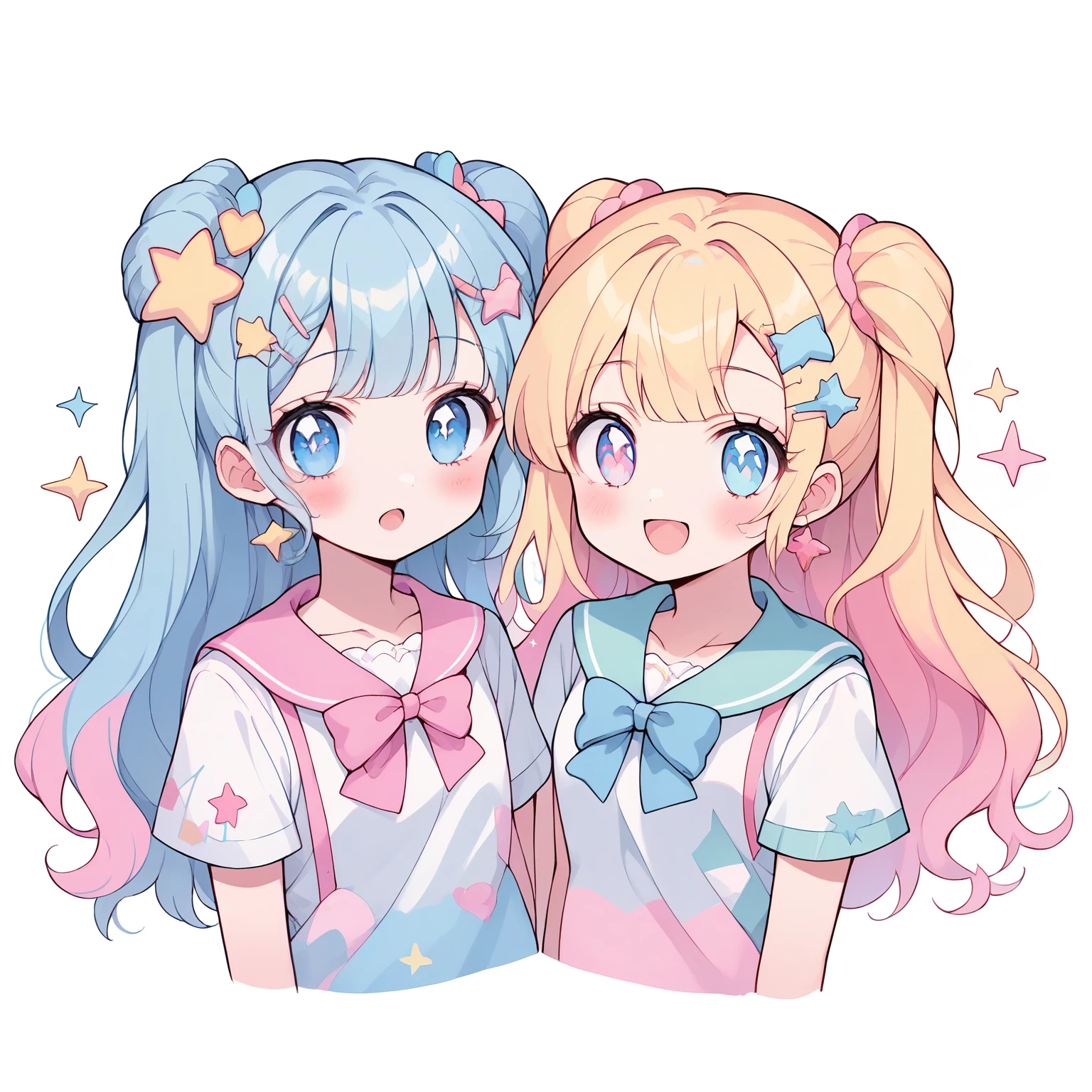 neondskdrmsxl, score_9_climb, score_8_climb, score_7_climb, score_6_climb, 2 girls, alone, pastel colors, open mouth, long hair, star , (mark), star hair accessories, hair accessories, Twintail, look at viewer, blue eyes, pastel neon lighting, source_anime, neon, neon theme , white background