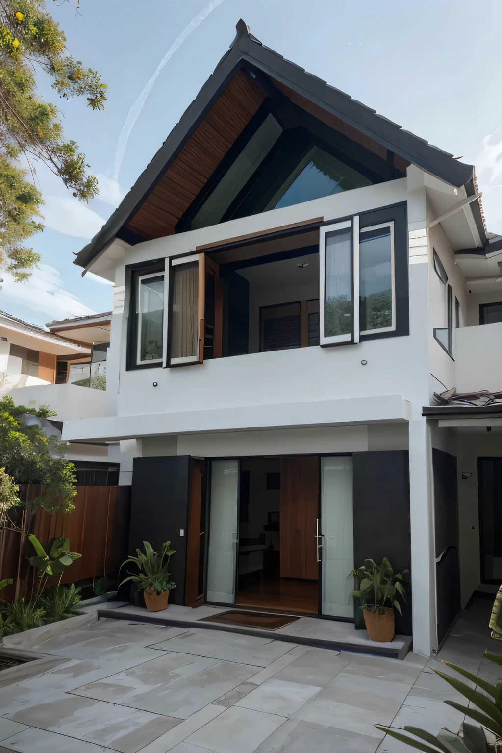 Develop an innovative facade and exterior concept for a two-story residence suited for the dynamic climates of the ASEAN region, blending contemporary tropical aesthetics with sustainable architectural practices. Pay special attention to the facade's materiality, textures, and colors, ensuring they harmonize with the surrounding landscape while providing effective sun protection and natural ventilation. Incorporate indigenous design elements and innovative technologies to create a visually striking yet climate-responsive facade that reflects the cultural identity of the region."