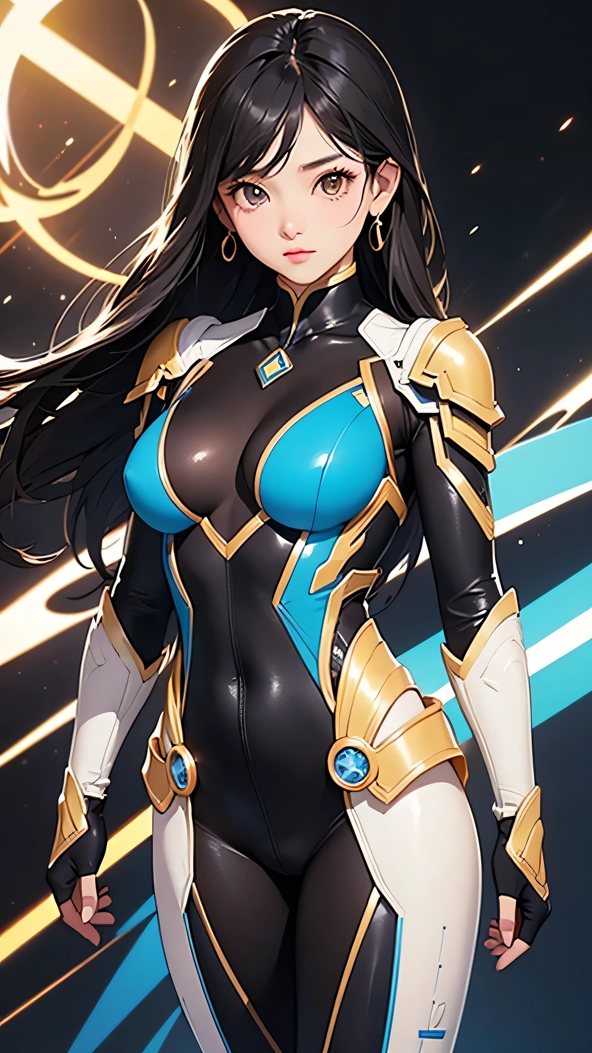 highest quality、Realistic、female、Japanese、zoom、cute、Brown eyes、Black Hair、long hair、Light Blue Hero Suit、Gold accents on suits、Shiny bodysuit、