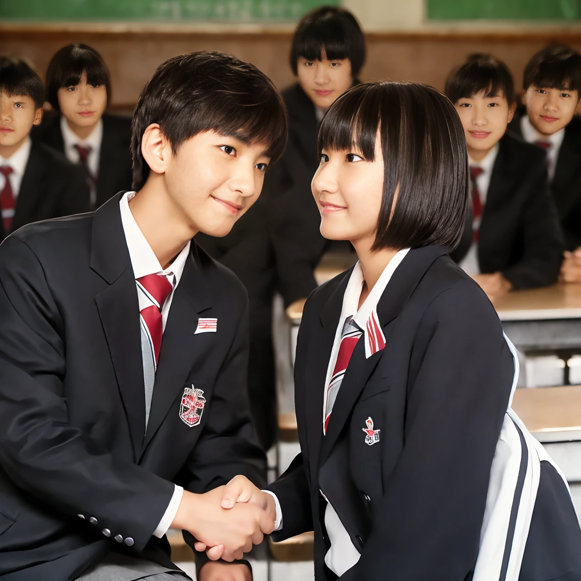 High school couple facing each other、Do arm wrestling、Serious expression、School classroom(The has black hair、short hair、Blazer uniform:1.2)、(High school boys、Short hair and blazer)、(with friends:1.3)、(highest quality、masterpiece、High resolution、detailed)、(Shining Eyes、Beautiful Face),