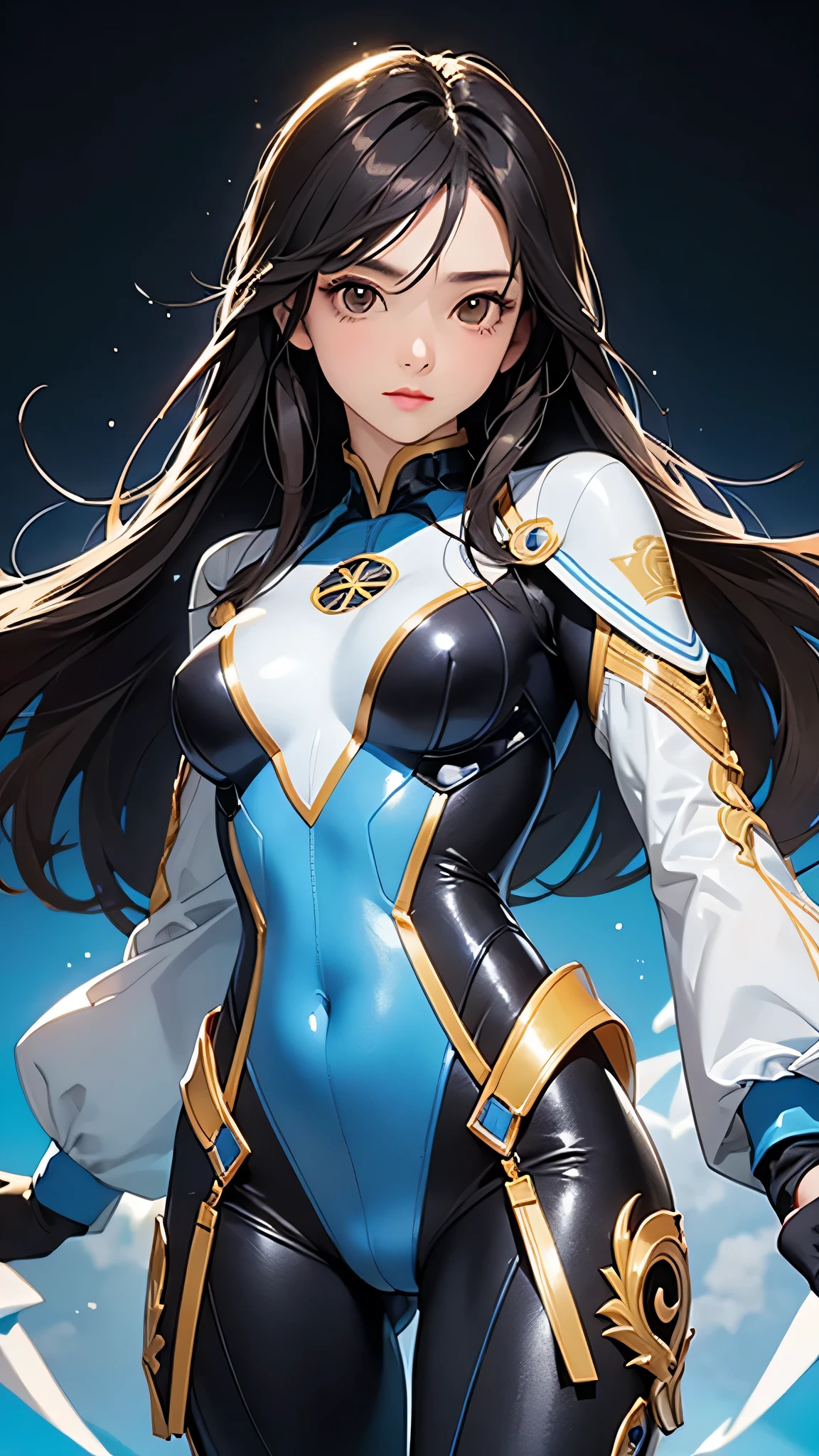 highest quality、Realistic、female、Japanese、zoom、cute、Brown eyes、Black Hair、long hair、Light Blue Hero Suit、Gold accents on suits、Shiny bodysuit、