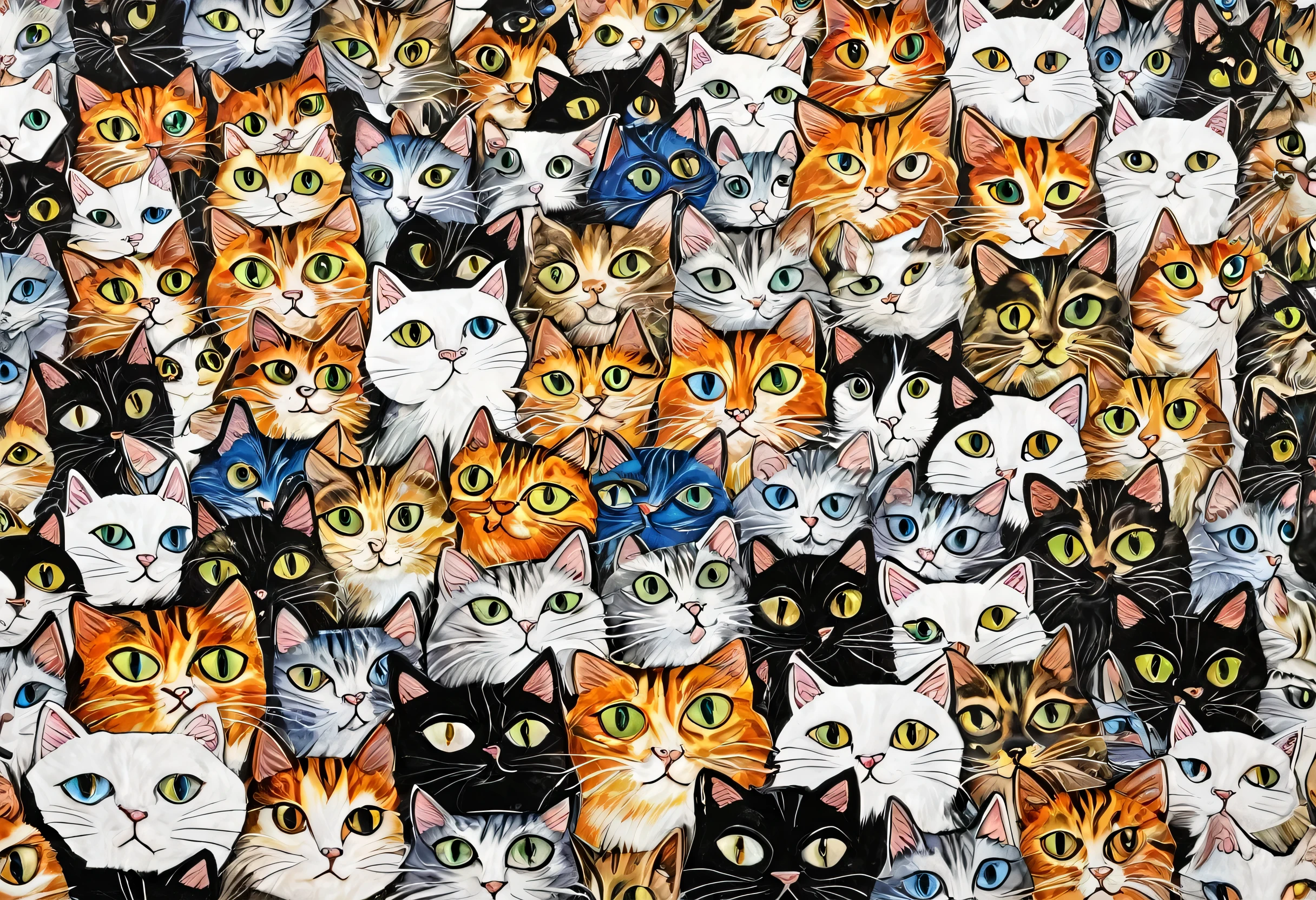 a close up of a bunch of Cats with different eyes, Charlotte Harding album cover, Reddit, Maximalism, CatsCatsCats, Cats, Cats! Stay around, Cats , crazy Cat lady, Cat masterpiece, Very crowded, Cats Cat dreamCats, Blotter Art, meeting of the Cats, !!! Cat!!!, Cat face, Catss, Many heads