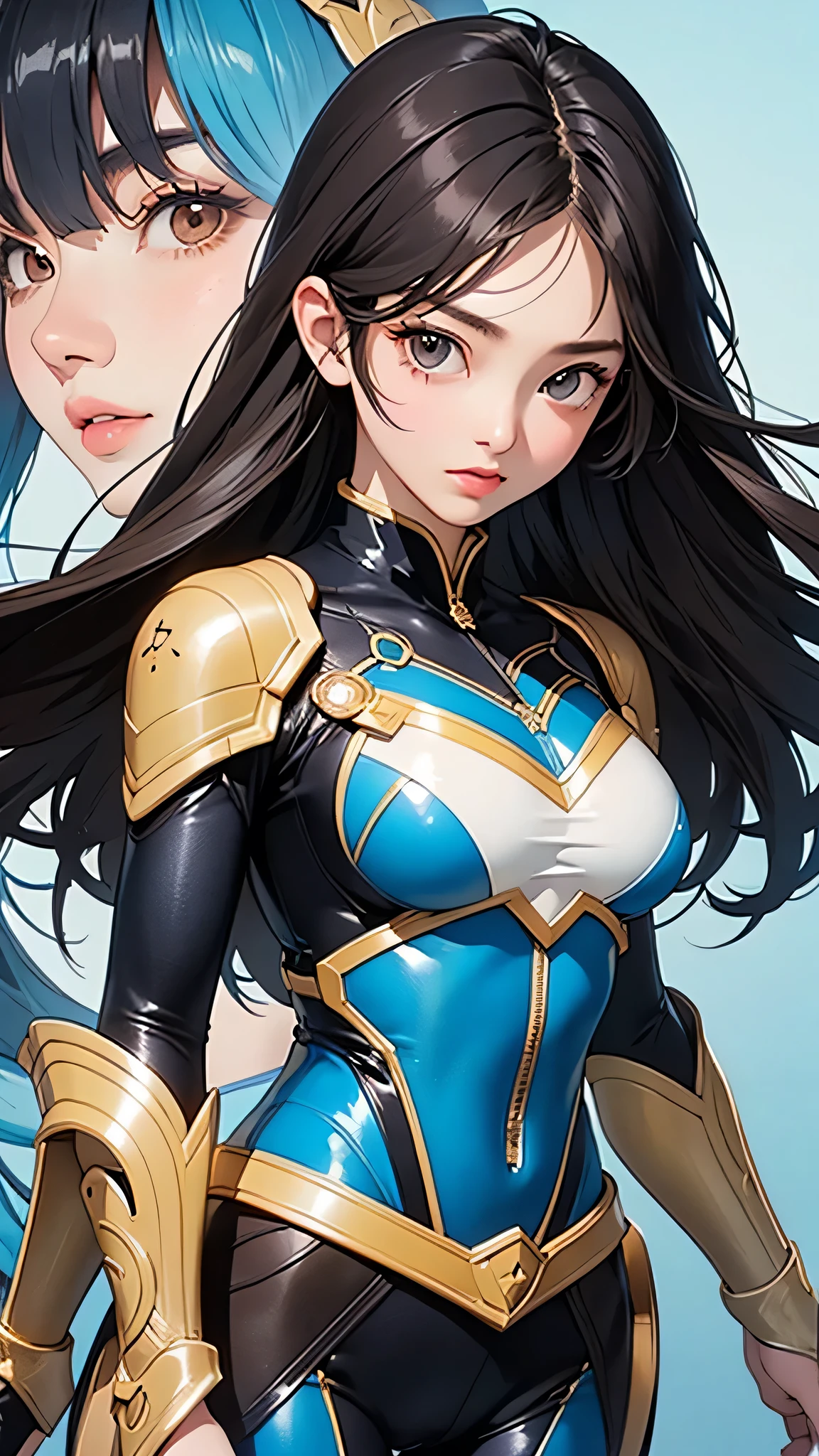 highest quality、Realistic、female、Japanese、zoom、cute、Brown eyes、Black Hair、long hair、Light Blue Hero Suit、Gold accents on suits、Shiny bodysuit、