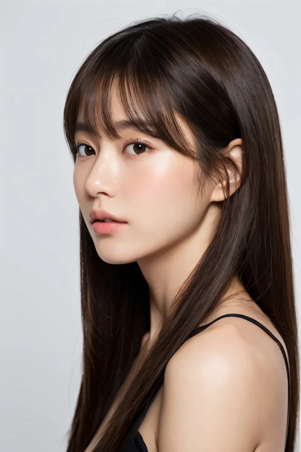 Young Japanese Woman, 30th Generation, No background,Background white, Simple background, Black brown hair, 4K, 8k, high quality, Beauty Products, Beautiful Eyes, Simple, High resolution,1 person、Beautiful Skin、Beautiful Skin、profile、bangs、No sleeve