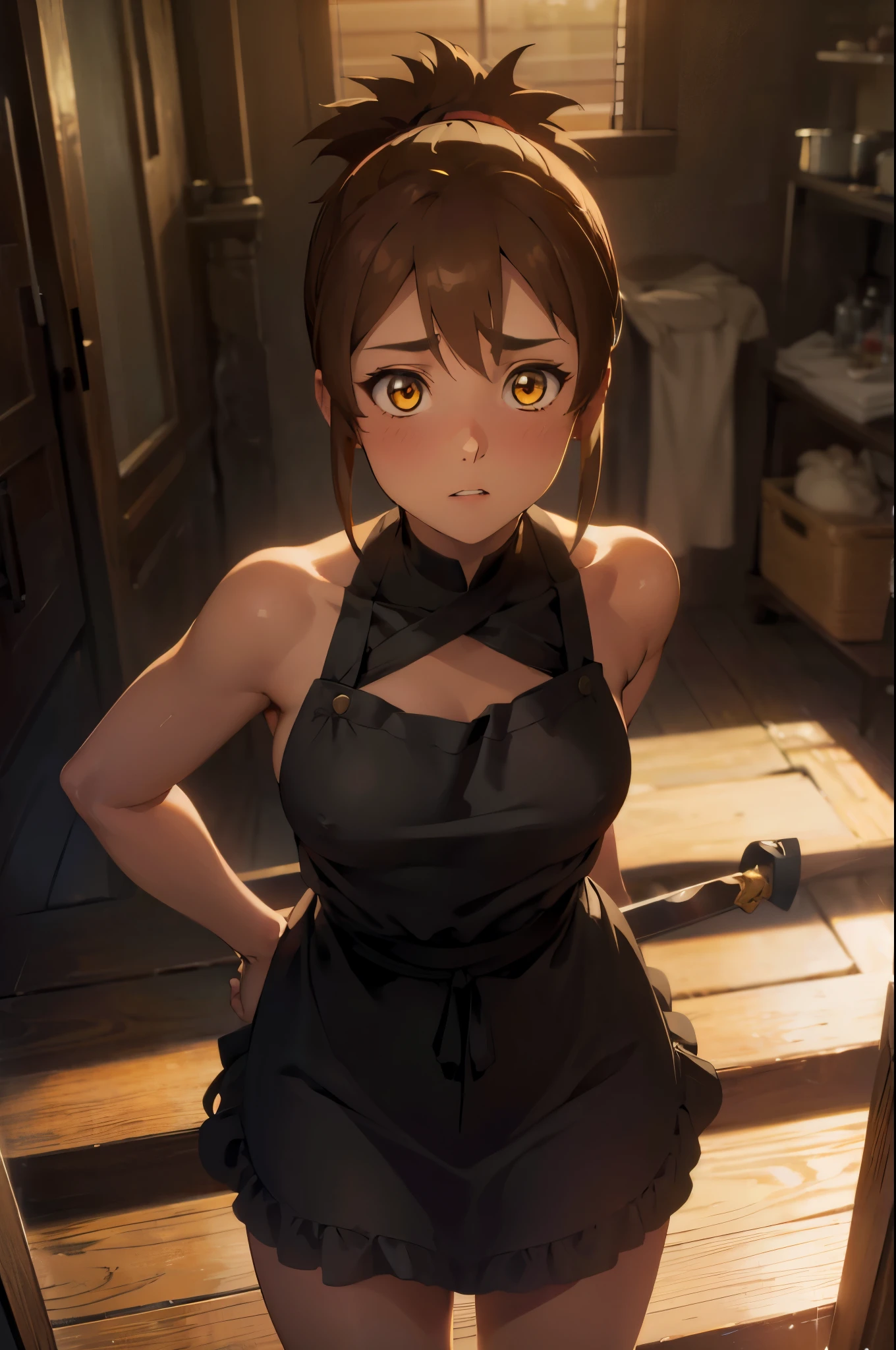 marci, brown hair, short ponytail, yellow eyes, detailed eyes, ((blacksmith)), big breasts, ((naked apron)), ((bare breasts)), topless, ((incoming kiss)), (blushes a lot), (forges a sword)