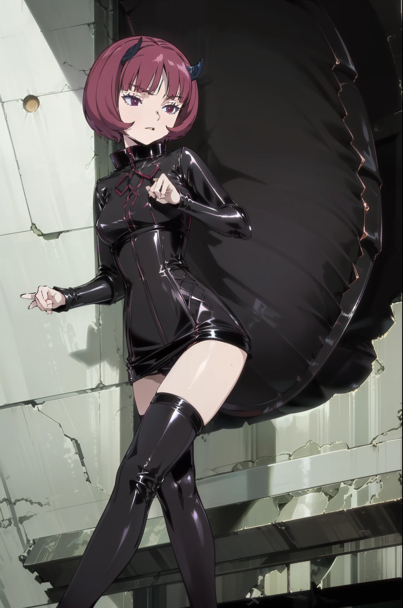 (((chibi:1.4)))、(((Lori:1.4)))、(((low length:1.4)))、(((Child body type)))、Slightly chubby、BDSM、Queen、mistress、(((One girl)))、solo、(((Long gloves covered to the fingertips in black latex:1.4 )))、(((Black latex corset dress:1.4)))、(((The corset dress is decorated with beautiful lace.)))、(((Corset dress with shoulder straps)))、(((Black latex tight mini skirt:1.4)))、(((Black Thigh Boots)))、(((Black fishnet stockings:1.2 )))、Stiletto heels、(((Black latex panties)))、(((Black latex bra)))、(((Black leather collar)))、(((Sexy pose:1.4 )))、Wide-open legs:1.2、(((Erotic)))、(((Cowboy Shot)))、One Girl, alone, short hair, Redhead, Blunt bangs, Bobcut, Red eyes:1.1,Symbolism, Short black shorts, Black boots, Walking through the rubble, whole body, face, high quality, masterpiece, 超High resolution, high quality, Attention to detail, 最high quality, High resolution、Gazing at the audience、Black double horn、Expressionless、Contempt、Cold Stare