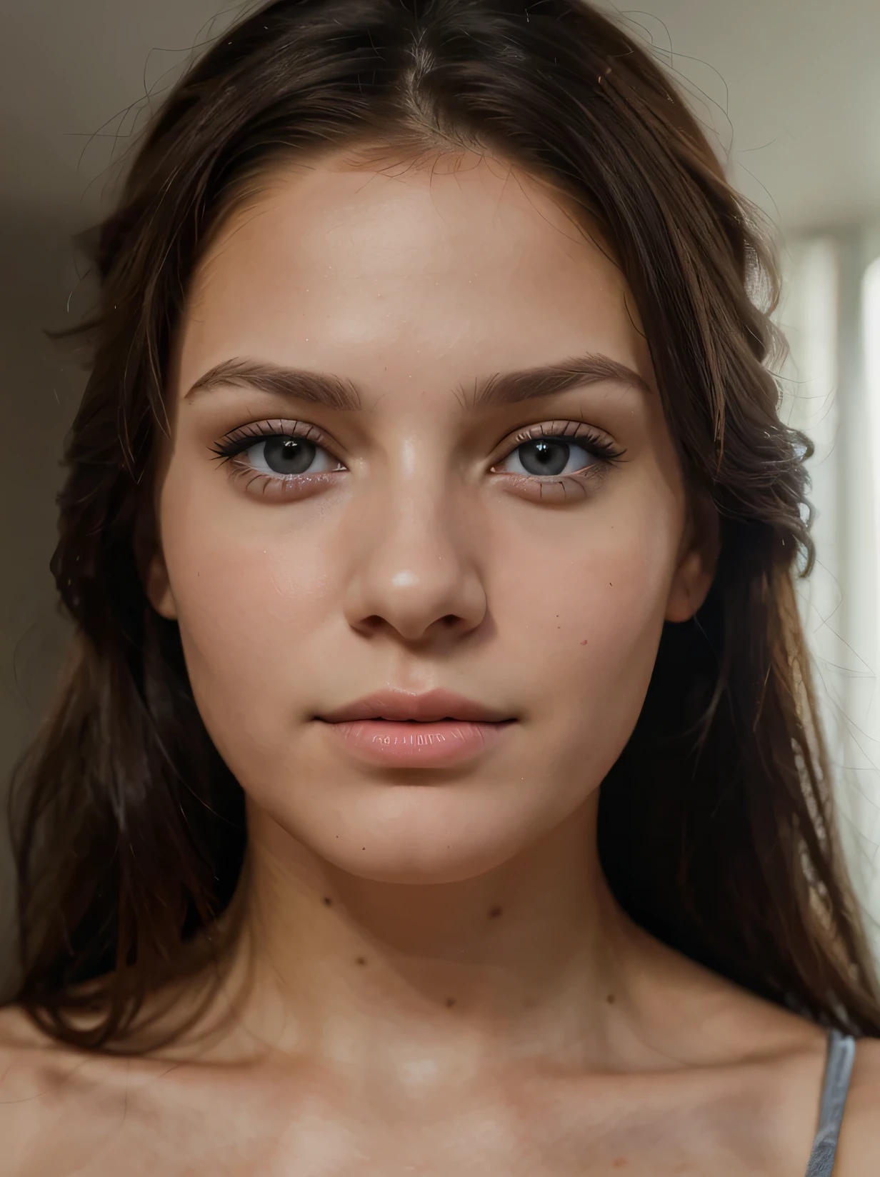 ultra realistic portrait of a beautiful white brunette girl, Russian, looking straight into the camera, full face, photo, 4k, ultra realistic skin texture, no makeup