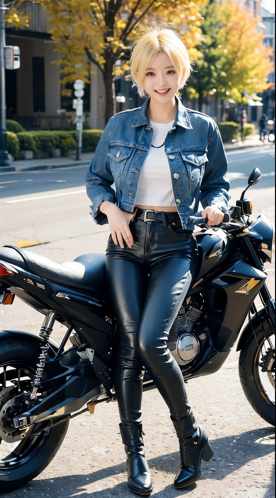 (ultra high definition, 8K, masterpiece: 1.3), Motorcycle rider, ride a scooter, laugh, Short yellow hair, Korean woman, denim denim jacket, (black leather pants), white tee, beautiful woman with good proportions, Autumn Background, A city colored with autumn leaves, (huge breasts: 1.1)