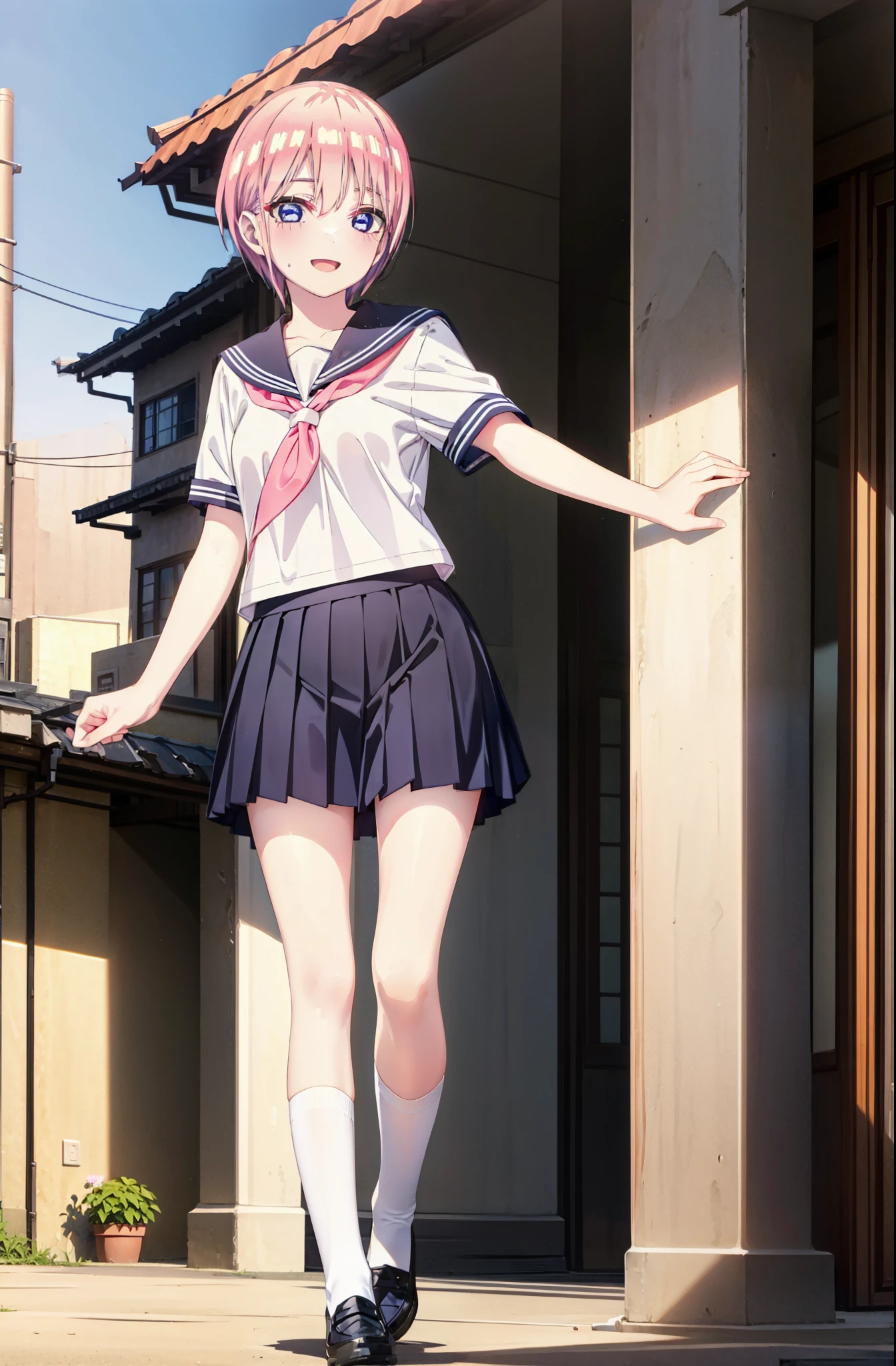ichikanakano, ichika nakano, short hair, bangs, blue eyes, Hair between the eyes, Pink Hair, smile,happy smile, smile, Open your mouth,Big Breasts,Japanese schoolgirl(Red Sailor Suit),Short sleeve,Black pleated skirt,White knee socks,Brown Loafers,evening,Sunset,The sun is setting,sunny,whole bodyがイラストが入るように,Looking up from below,Walking,
break outdoors, In town,Building district,
break looking at viewer, whole body,
break (masterpiece:1.2), highest quality, High resolution, unity 8k wallpaper, (shape:0.8), (Beautiful details:1.6), Highly detailed face, Perfect lighting, Highly detailed CG, (Perfect hands, Perfect Anatomy),