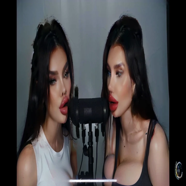 two women are talking to each other while holding a camera, backup vocalists, annoying sister vibes, in a white tank top singing, sitting in front of a microphone, youtube video screenshot, pokimane, singing into microphone, she is facing the camera, both have huge fake red lips, with headphones, performing a music video, alena aenami and lilia alvarado, bimbo haircut platinum white hair, ,detailed huge fake lips, ,busty,portrait,highres,realistic,studio lighting,vivid colors, huge lips, huge breasts, massive cleavage , curvy, exaggerated hourglass, thicc, retro futurism, vintage
