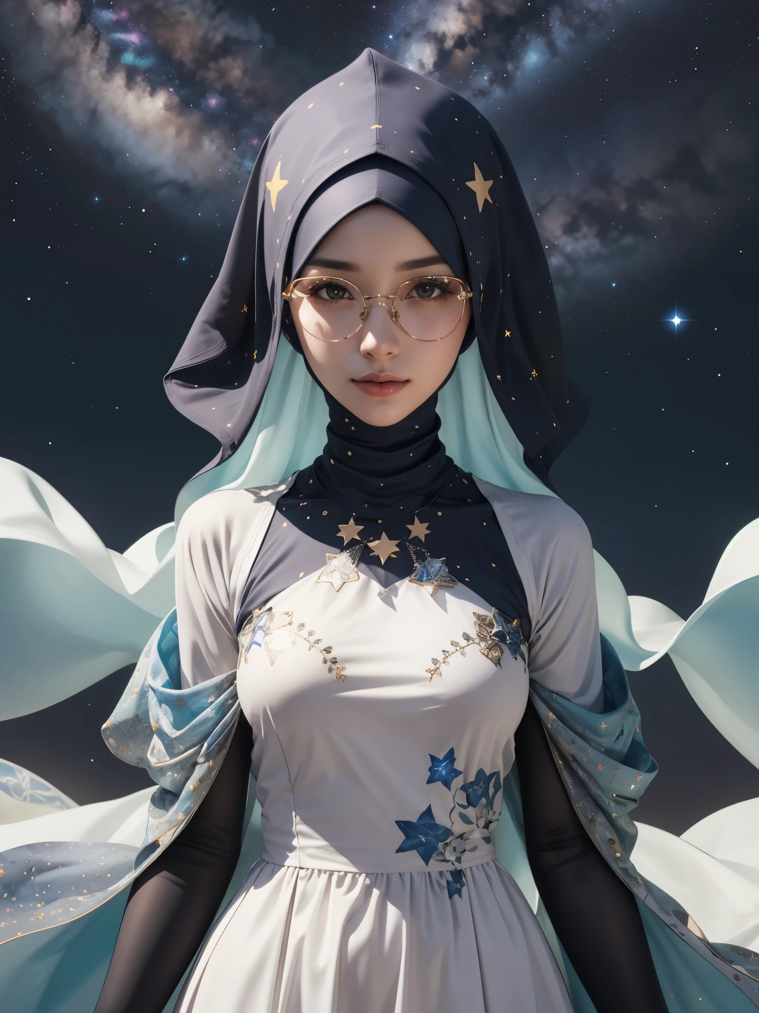girl wearing summer dress, BREAK, 1girl, bright comfy dress, colorful, vibrant, detailed face, bright natural light, glasses, (celestial hijab decorated by stars:1.4), mesmerizing cosmic, ethereal beauty, cinematic angle, full breasts,