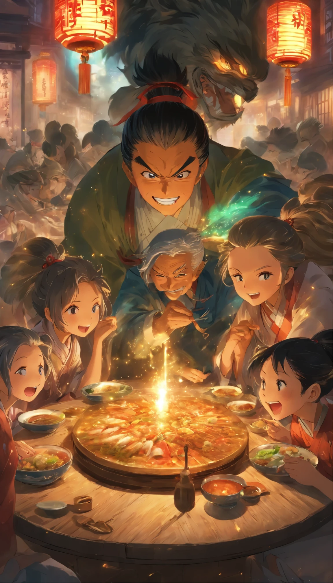 masterpiece,best quality,China Hotel,China Street,night,Three elderly people and two children are eating around a round table