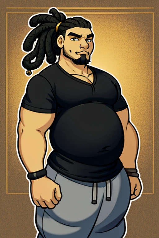 a fat, light skinned man with a big belly and black dreadlocs tied in a ponytail, with a goatee no side burns, wearing a black shirt and grey sweats