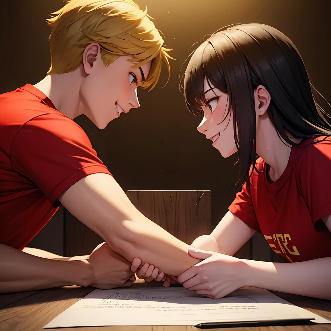 Two young people, One from the red team (Red Shirt) And one more person from the yellow team (Yellow Shirt), Compete in arm wrestling, Front view, Epic anime scene, Competition Expressions, A light smile, Evangelism Event, Digital Art, drawing