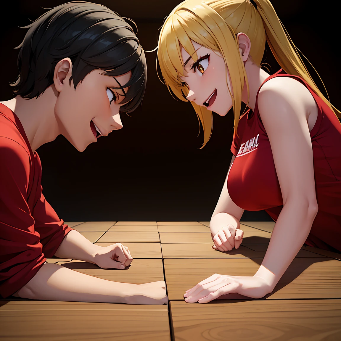 Two young people, One from the red team (Red Shirt) And one more person from the yellow team (Yellow Shirt), Compete in arm wrestling, Front view, Epic anime scene, Competition Expressions, A light smile, Evangelism Event, Digital Art, drawing