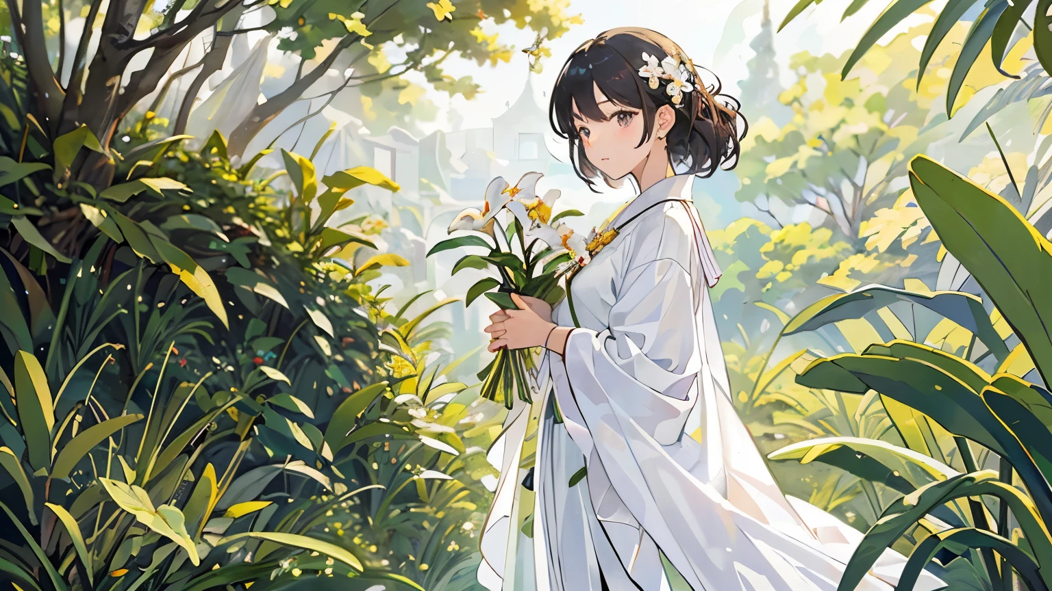 (highest quality、High resolution、masterpiece)、4K Anime Art、(Woman in white dress、Cattleya flower in hand)、(cattleya, solo, 3-flowers, close-up, full body, full bloom, nature, habitat )、Ray Tracing、(Soft Light)、(Soft Focus)、((Sargent-style watercolor))、(Edmund Leighton Style)、(Herbert James Draper Style)、((Impressionist style))、((White Background))、(Blank Background)、Blur the background、