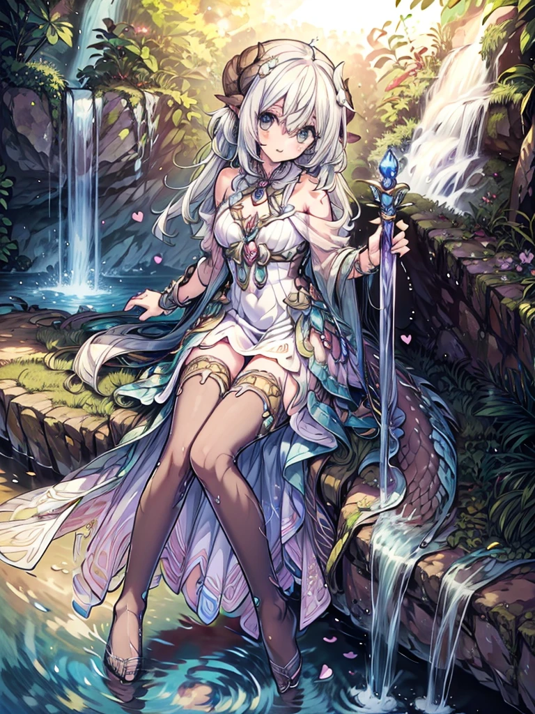 (masterpiece), best quality, highly detailed, (1dragon girl) , detailed beautiful face and eyes, ************, a semi-human girl with a white tail, beautiful detailed eyes, white dress, off-shoulder dress, black legwear, toeless, (heart_in_eyes), seductive_smile, (tail, short tail), holding scepter, (circle), magic light, dragonian_head, dragonian_horns, dragonian_hairstyle, dragonian_body, dragonian_tail, scaly arms, fairy realm, waterfall