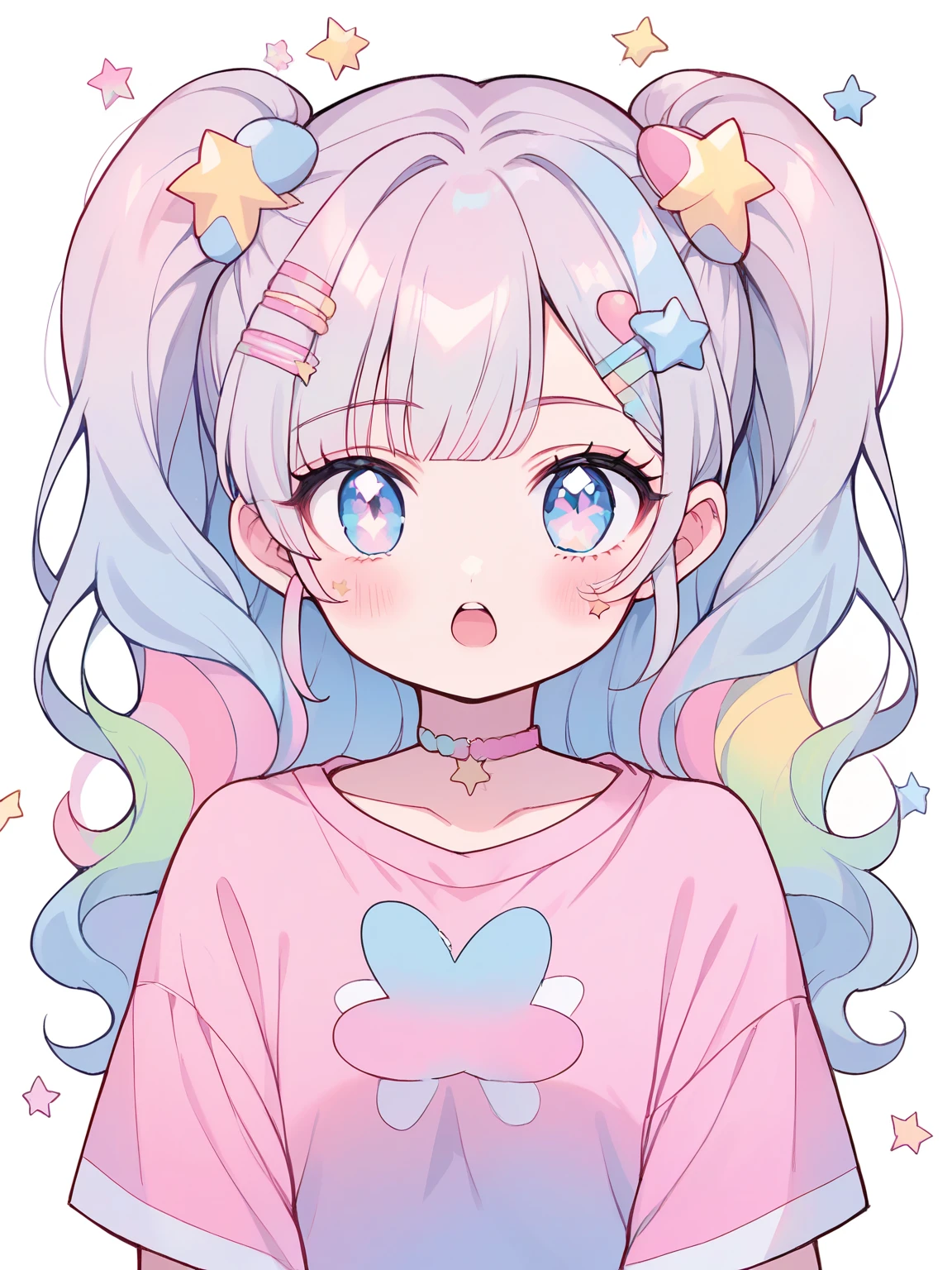 neondskdrmsxl, score_9_climb, score_8_climb, score_7_climb, score_6_climb, 1 girl, alone, pastel colors, open mouth, long hair, star , (mark), star hair accessories, hair accessories, Twintail, look at viewer, blue eyes, pastel neon lighting, source_anime, neon, neon theme , 