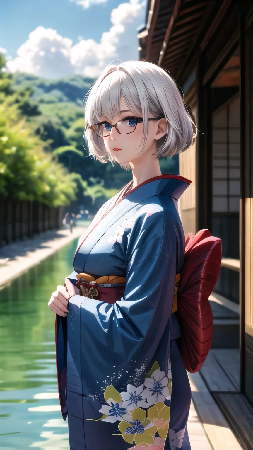 1Lady, short white hair, bangs, blue eyes, glasses, blue kimono, traditional japanese, high res, ultrasharp, 8K, masterpiece, looking at viewer, sunny, Japanese scenery