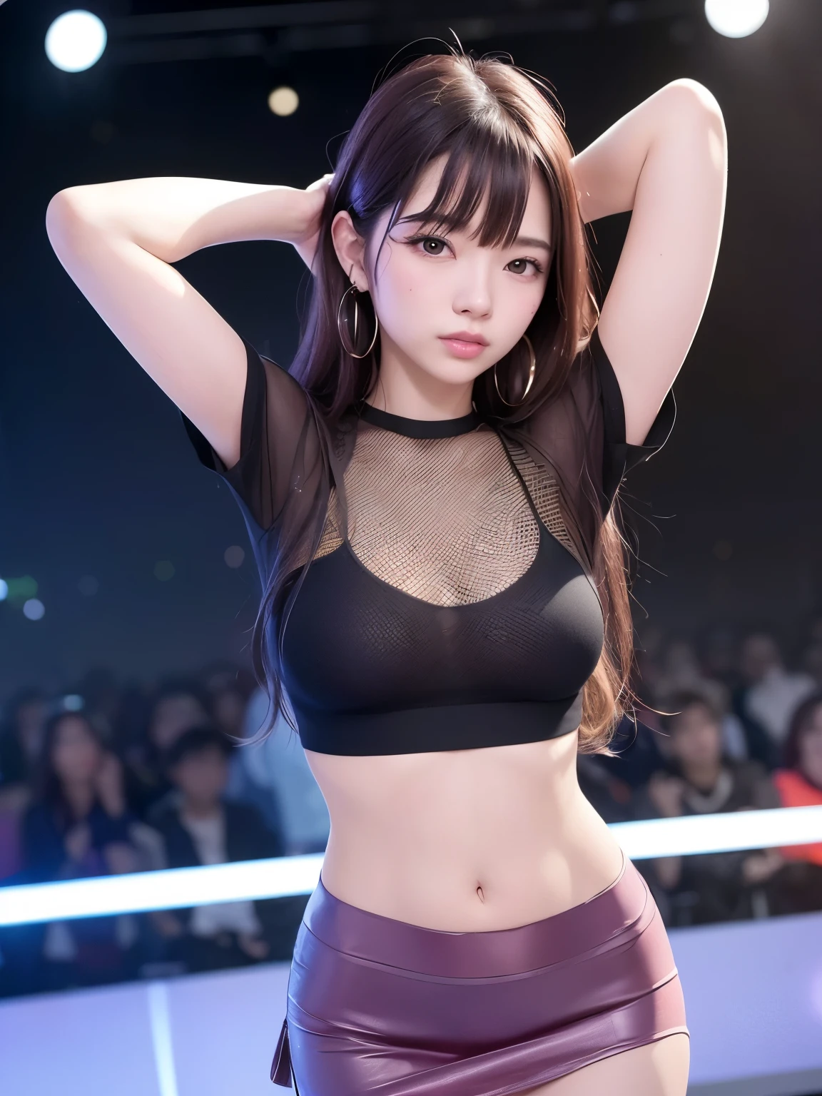 (8k, RAW Photos, highest quality, masterpiece:1.2), Super Resolution, (Realistic, Realistic Photo:1.37), Head to toe, High-resolution RAW color photos, Professional photos, Very detailed, 8k wallpaper, Amazing details, Very detailed美少女, Very detailed顔, Very detailed目, Very detailed肌, Very detailed指, Very detailed鼻, Very detailed詳細な口 , Very detailed脚, Perfect Anatomy, Very detailed背景, Very detailed衣服, 1 girl, (18:1.2), Age 25,  Realistic body, Fair skin, Glowing Skin , Curly Hair, (bangs:1.2), smile, Cute Face, Realistic face, Delicate eyes, Purple Mesh Shirt, Short skirt, Earrings, Looking at the audience, Dynamic Lighting, Very large breasts,