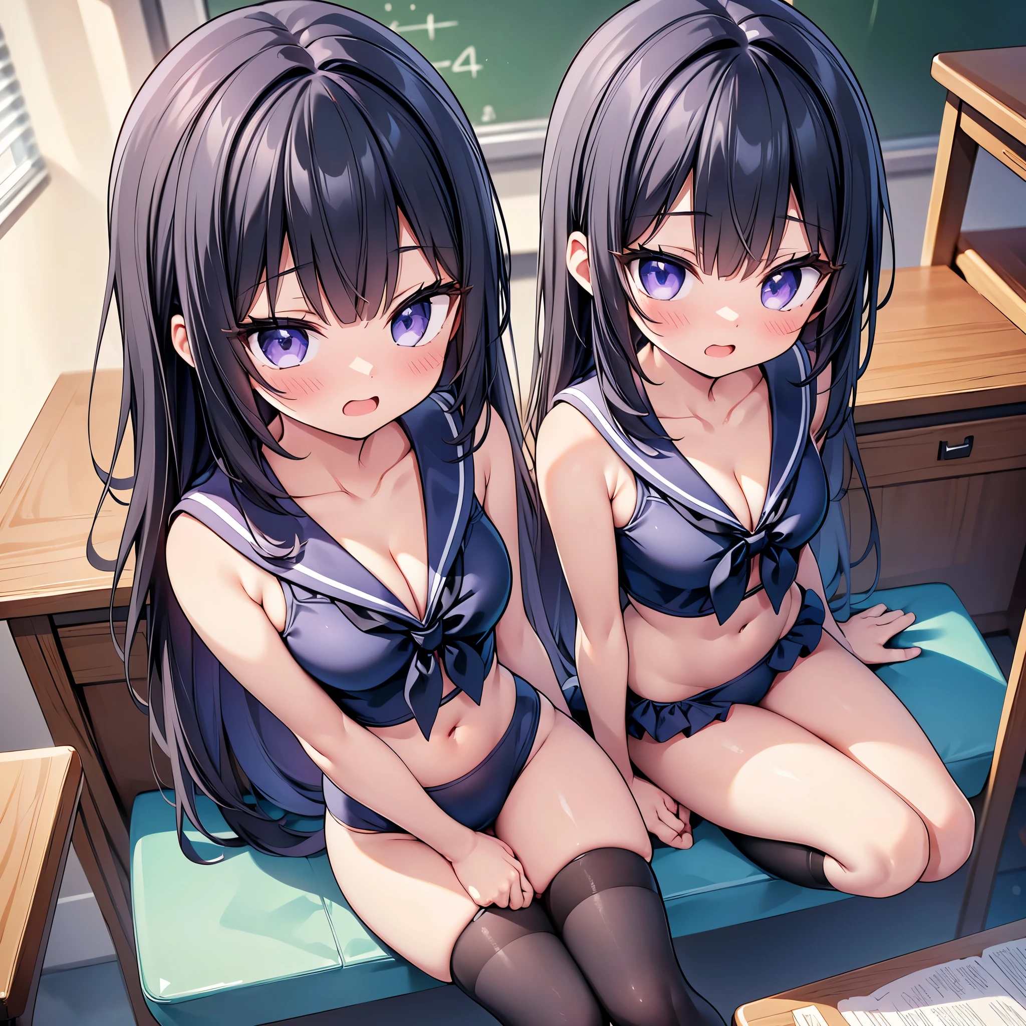 (cute eyes:1.2), (sparkling eyes:1.2), (8K、Best image quality、highest quality、masterpiece)、Detailed face、(2 girls)、Improve、(Black Hair, Purple Eyes, long hair)、(open mouth), (embarrassed), (skinny body:1.3),(small breasts), (sailor swimsuit:1.2), (cleavage), (crop top navel), Sit on a chair, Classroom Background, (black stockings:1.1), (Thighs:1.1), (Waistline:1.1),(close-up shot of bust), (from above:1.2)