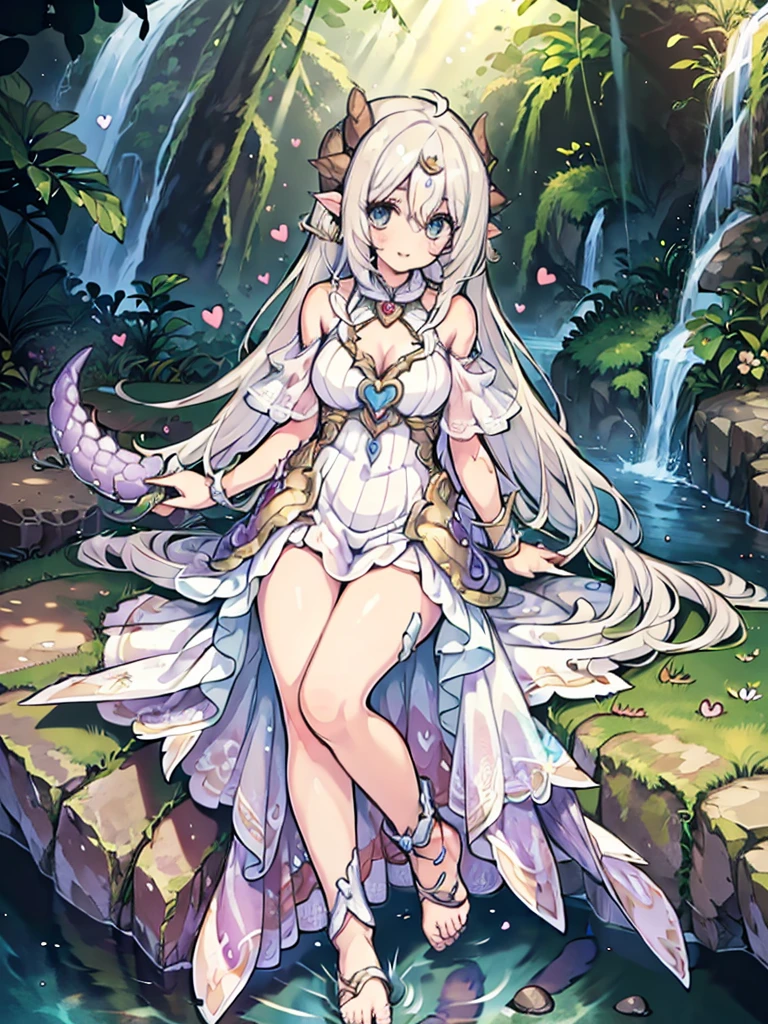 (masterpiece), best quality, highly detailed, (1dragon girl) , detailed beautiful face and eyes, , a semi-human girl with a white tail, beautiful detailed eyes, white dress, off-shoulder dress, barefoot, (heart_in_eyes), seductive_smile, (tail, short tail, dragon tail), holding scepter, (circlet), magic light, dragonian_head, dragonian_horns, dragonian_hairstyle, dragonian_body, dragonian_tail, scaly arms, fairy realm, waterfall