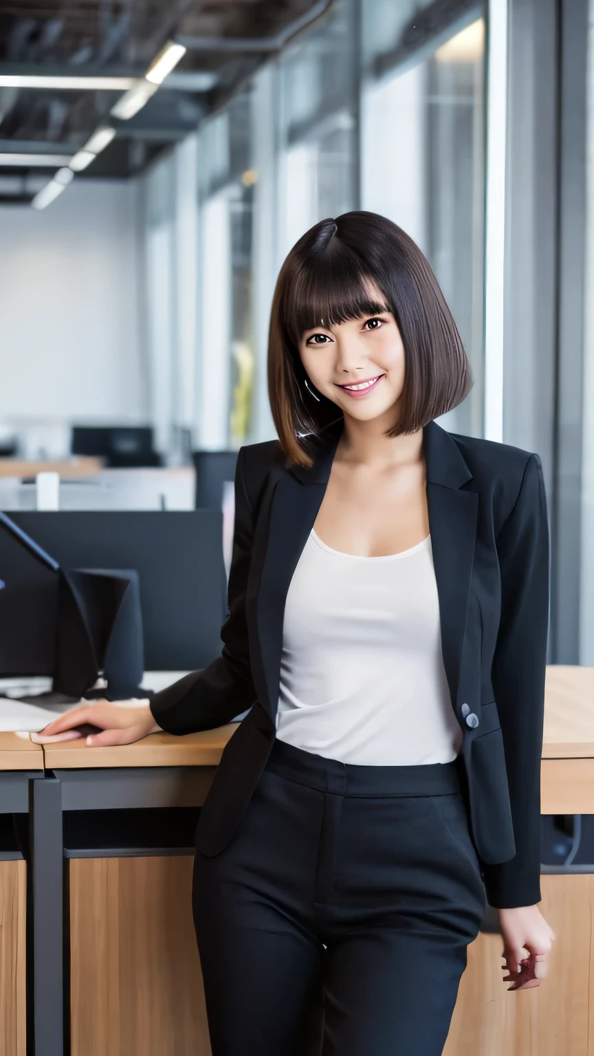 (masterpiece, best quality, CG, 8K, super detailed skin, shiny skin), soft lighting, sharp focus, in the office, with a desk, bob hair, blunt bangs, 30yo, Japanese women working in an office, A women wearing a white Deep V-Neck T-shirt inside a Slim Fit black Suit, (slim body, Black Skinny Pant, full body), smile,medium breasts, black jacket