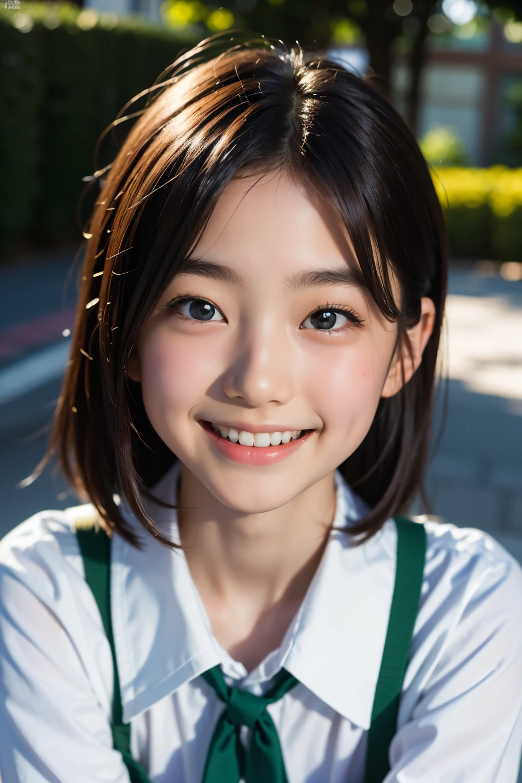 lens: 135mm f1.8, (highest quality),(RAW Photos), (Tabletop:1.1), (Beautiful Japanese girl), Cute Face, (Deeply chiseled face:0.7), (freckles:0.4), dappled sunlight, Dramatic lighting, (Japanese School Uniform), (On campus), shy, (Close-up shot:1.2), (smile),, (Sparkling eyes)、(sunlight)