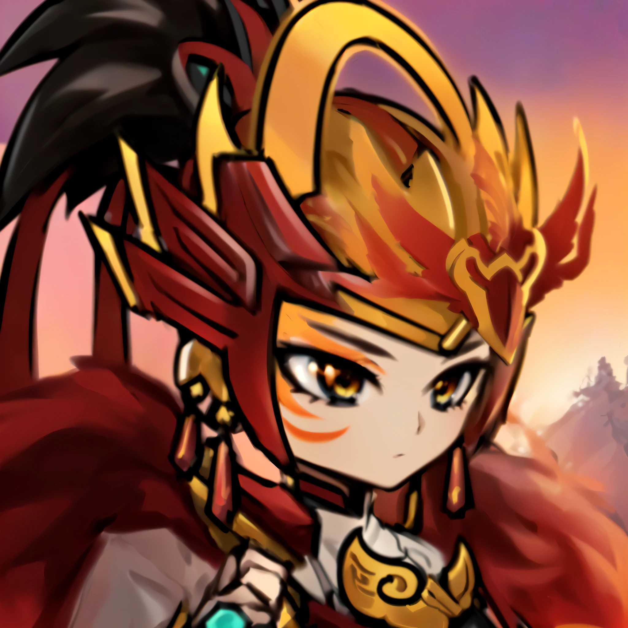 Close up of cartoon character holding sword and helmet, Phoenix Warrior, xianxia hero, Red Cliff, Appearing as the Fire Goddess, Epic Mage Girl Character, Onmyoji Portrait, Lava and Fire Goddess, Jess Mo, Inspired by Pu Hua, Avatar pictures, Red Fire, Armor Girl, Mysterious Valkyrie,Ultra-clear picture,4k,Sense of lines