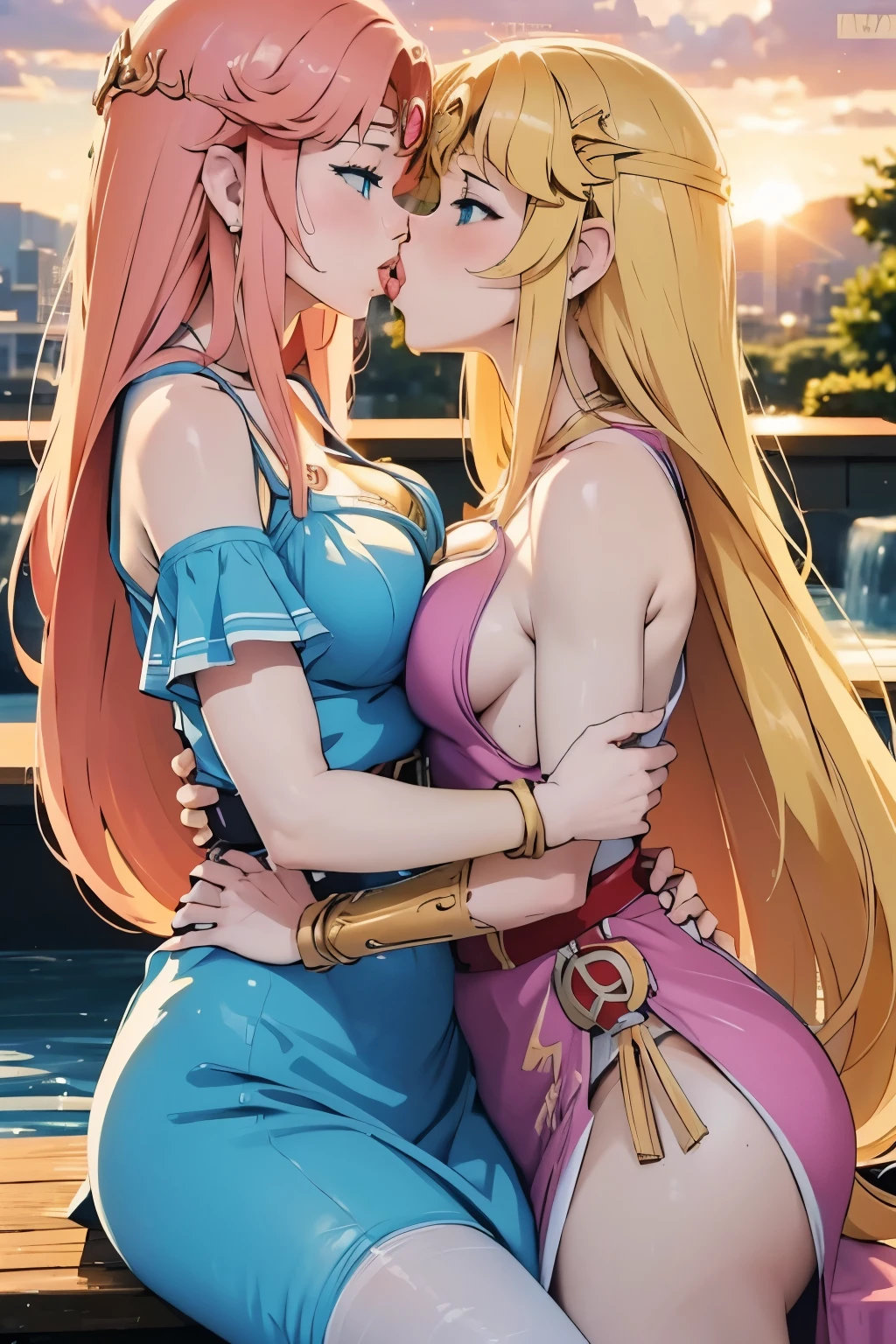 two anime girls kissing, 2 princess Zeldas having sex, tight dress, side slit, BREAK 2girls, yuri, very long hair, big but, big breasts, fondling each other, sitting in fountain, sunset background