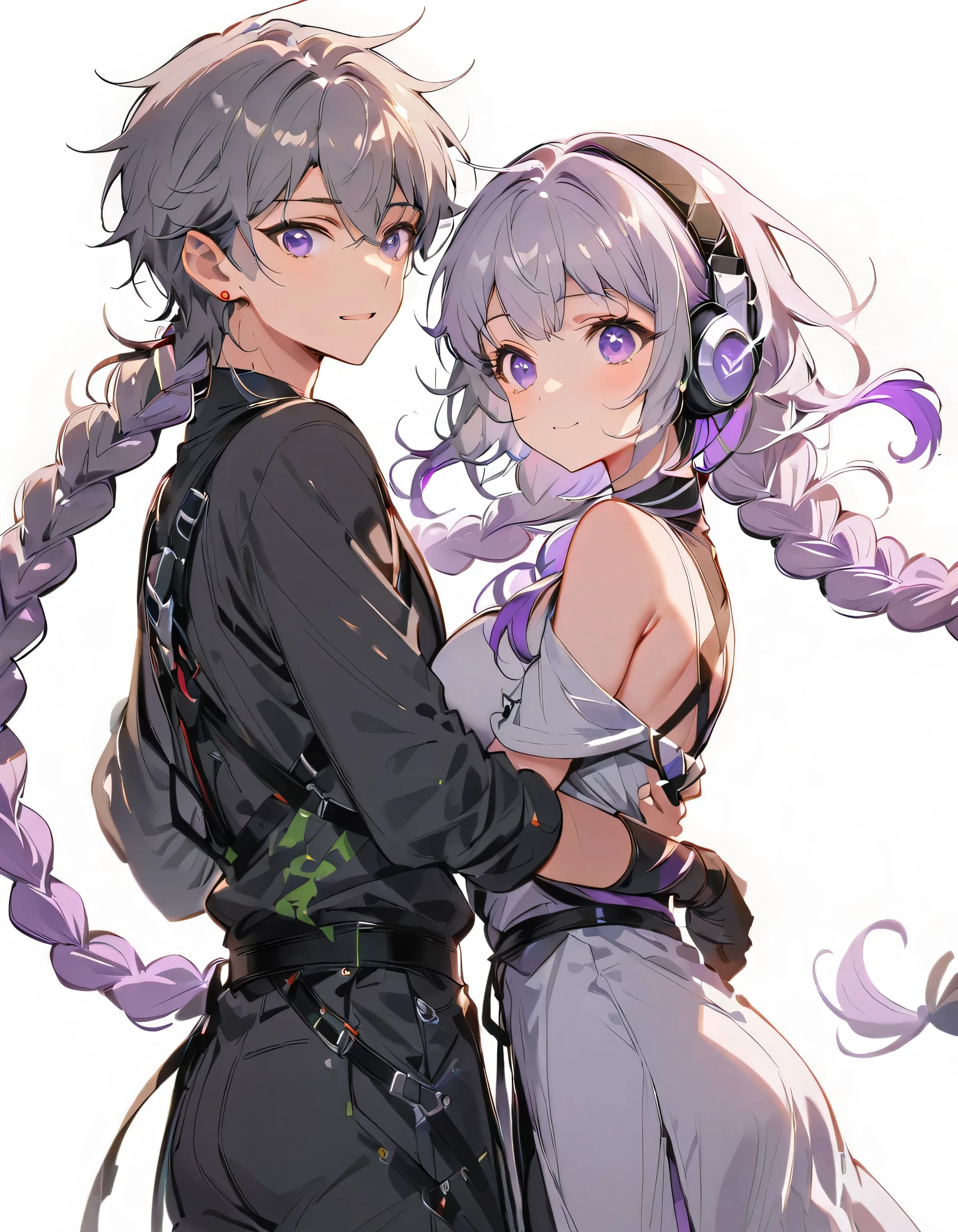 Embrace,couple,(a cute girl and a boy), loving expression,Double braids,gradient hair color, silver metallic decorations on braided hair ends, mechanical headphones, off-shoulder, demon ninja, (yinji:1.2), score_7_up, purple hair, purple eyes, extremely long hair, gray hair, large breasts, sloped hair