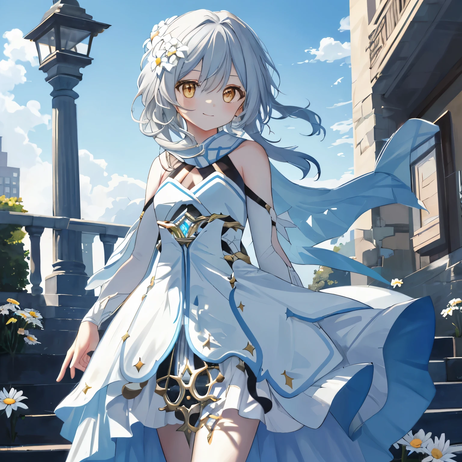 Luminescence， Upper part of the body， Smile， blush， Exterior， Daisy Akgun， blue sky， Long gray hair， sky sky， Chies， Looking at the audience， stairs， Melancholy Lights，genre painting