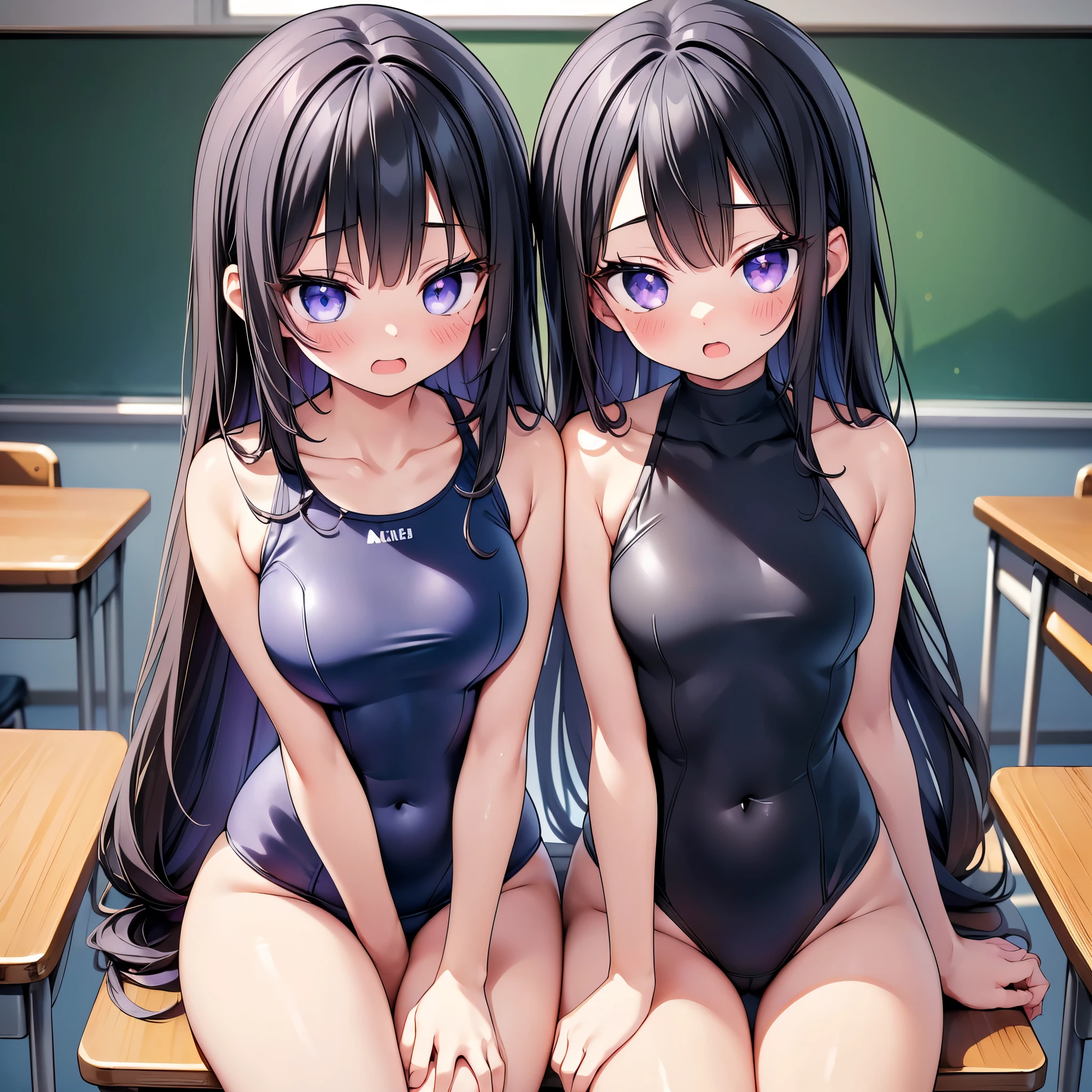 (cute eyes:1.2), (sparkling eyes:1.2), (8K、Best image quality、highest quality、masterpiece)、Detailed face、(2 girls)、Improve、(Black Hair, Purple Eyes, long hair)、(open mouth), (embarrassed), (skinny body:1.3),(small breasts), (one piece swimsuit:1.2), Sit on a chair, Classroom Background, (black stockings:1.1), (Thighs:1.1), (Waistline:1.1),(close-up shot of bust)