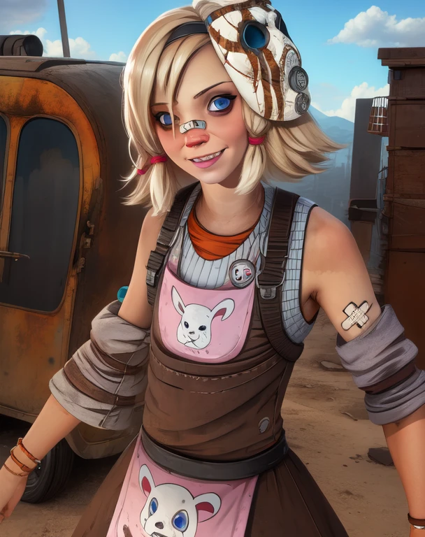 Tina,blue eyes,blonde hair,
shirt,apron,detached sleeve,bandaid on face,mask on head,
standing,upper body,smile,
wastelands,carnival,
(insanely detailed, beautiful detailed face, masterpiece, best quality),solo,