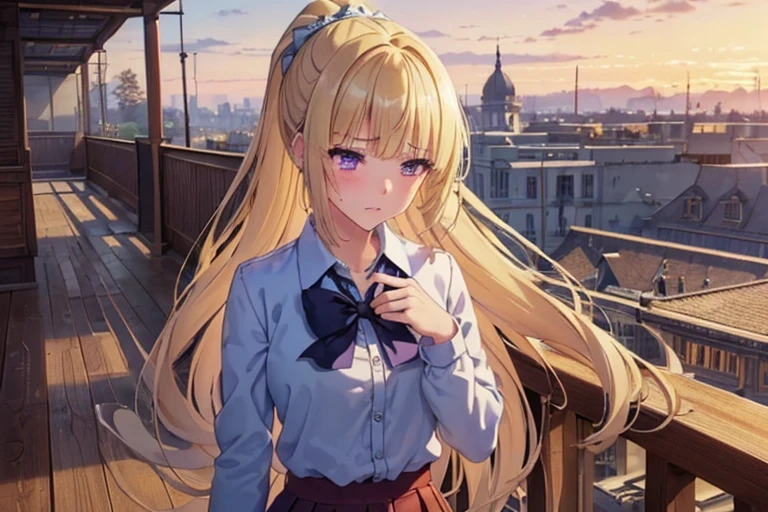 (masterpiece, top quality, best quality, official art, beautiful and aesthetic:1.2), (1girl:1.3), extremely detailed,(fractal art:1.2),colorful, highest detailed, parted lips,wallpaper,beautiful violet eyes, long hair, beautiful blonde hair, ponytail hairstyle, bangs, (sad, sadness expression, sadness face), school outfit, (cowboy shot), in rooftop school, looking out, full shot