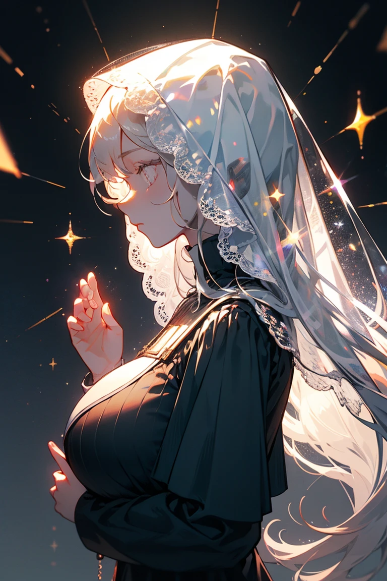 mirrornun, from side, 1girl, solo, upper body, long hair, profile, hands up, own hands together, black background, long sleeves, geeen eyes, bangs, turtleneck,huge breast