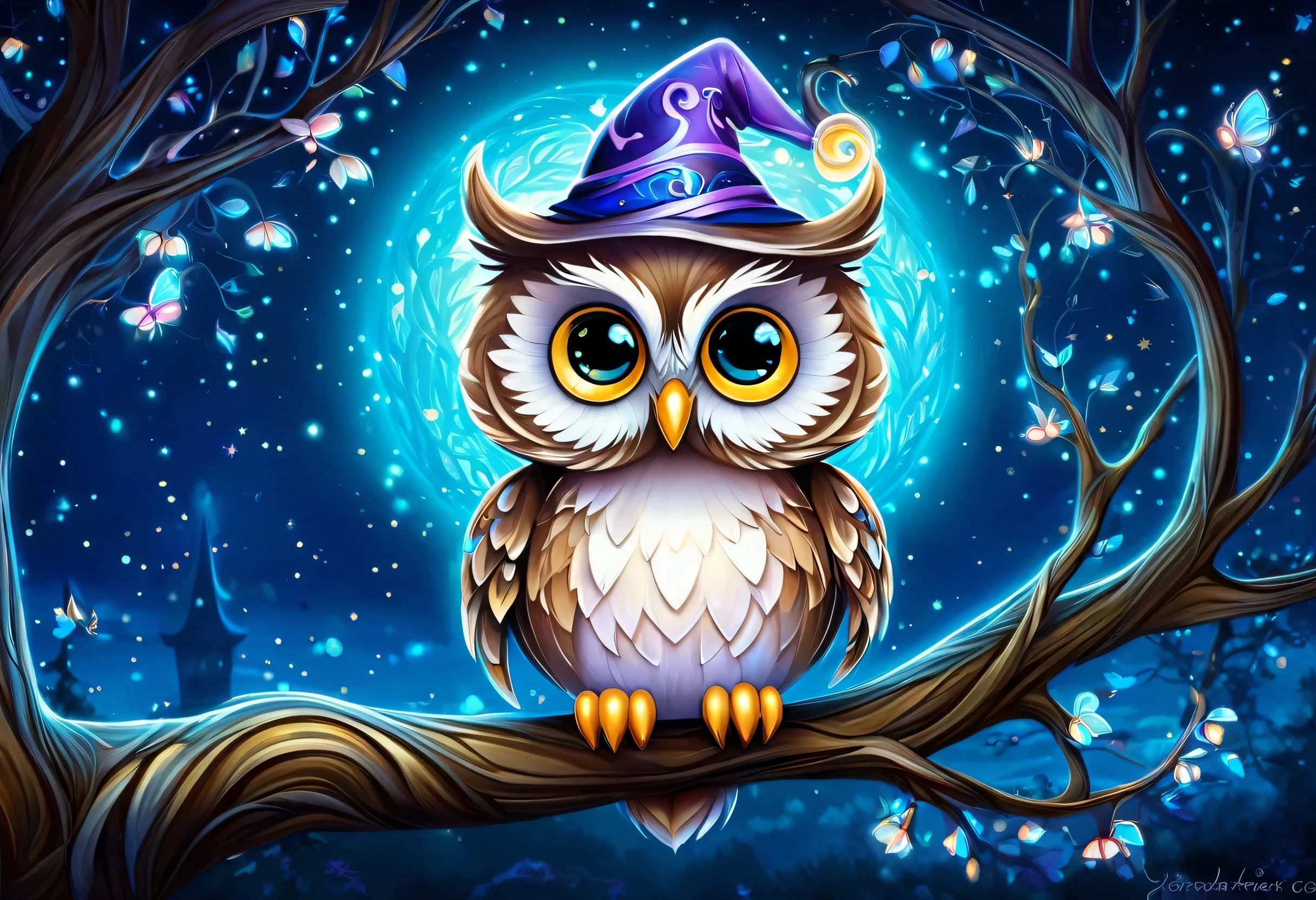There is a cartoon owl sitting on a tree branch, digital art by Jeremiah Ketner, CG society hot topic, Fantasy art, Cute owl, glowing owl, Adorable digital painting, 光りglowing owl, Cute digital art, Cute and detailed digital art, glowing owls, With a cute fluffy owl, Owl Wizard, Dream Animal Cute Eyes, Dreamy Art